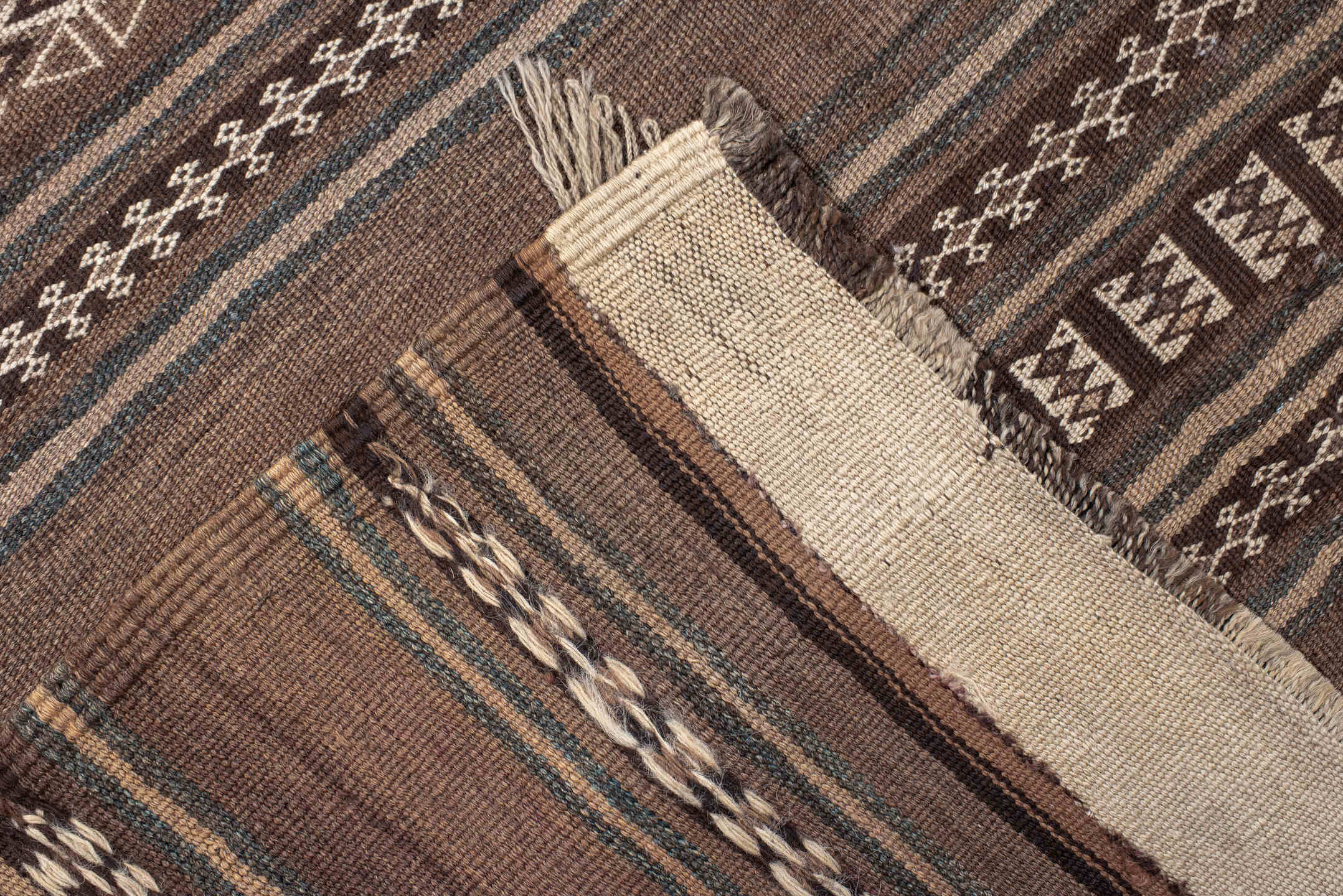 4' x 12' one-of-a-kind handmade antique Kilim runner rug. Color palette: brown, taupe, charcoal, ivory, camel, slate, beige