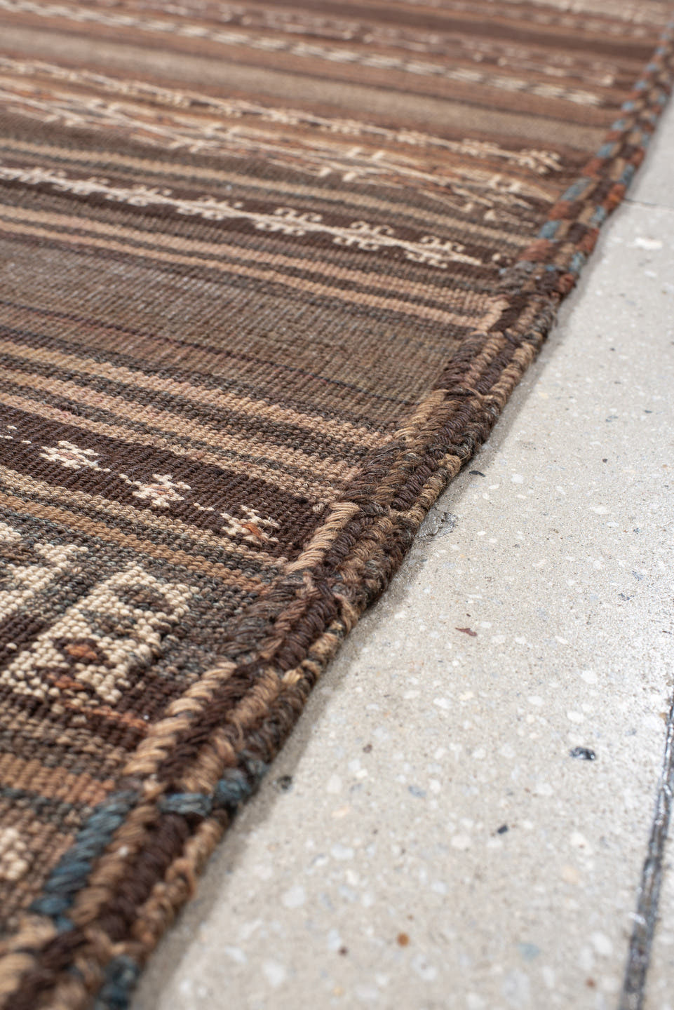 4' x 12' one-of-a-kind handmade antique Kilim runner rug. Color palette: brown, taupe, charcoal, ivory, camel, slate, beige
