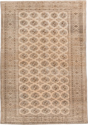 6' x 9' one-of-a-kind handmade antique Bokara medium size rug. Color palette: ivory, taupe, camel, beige, brown, gray