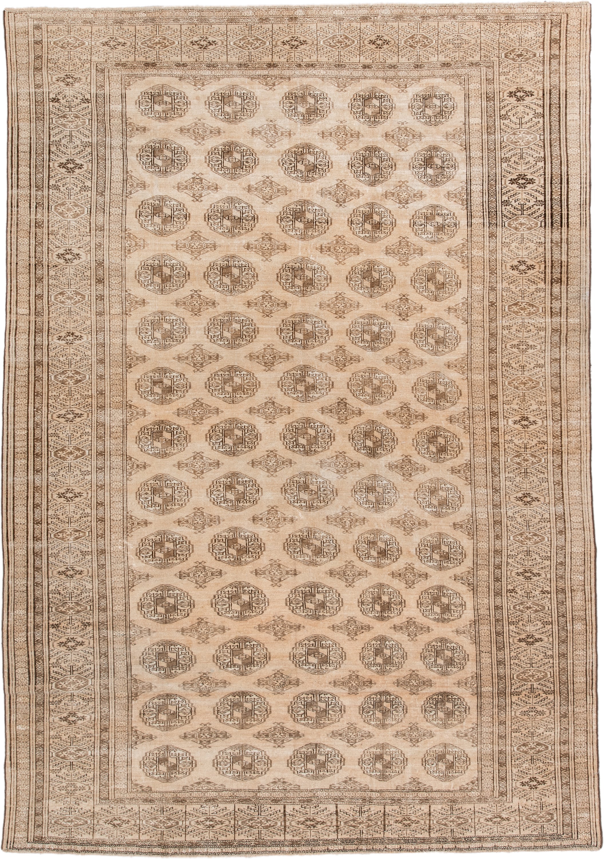 6' x 9' one-of-a-kind handmade antique Bokara medium size rug. Color palette: ivory, taupe, camel, beige, brown, gray
