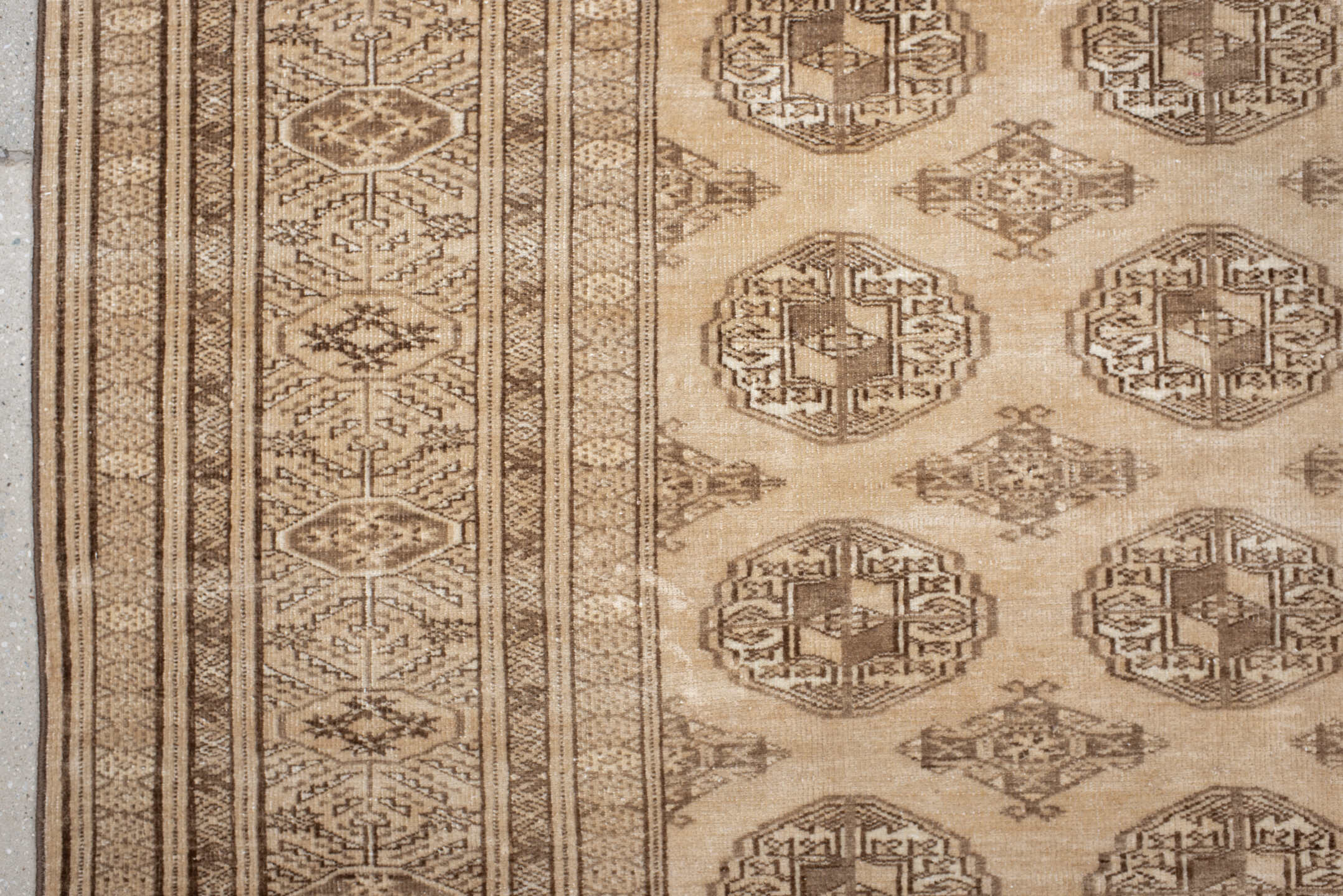 6' x 9' one-of-a-kind handmade antique Bokara medium size rug. Color palette: ivory, taupe, camel, beige, brown, gray