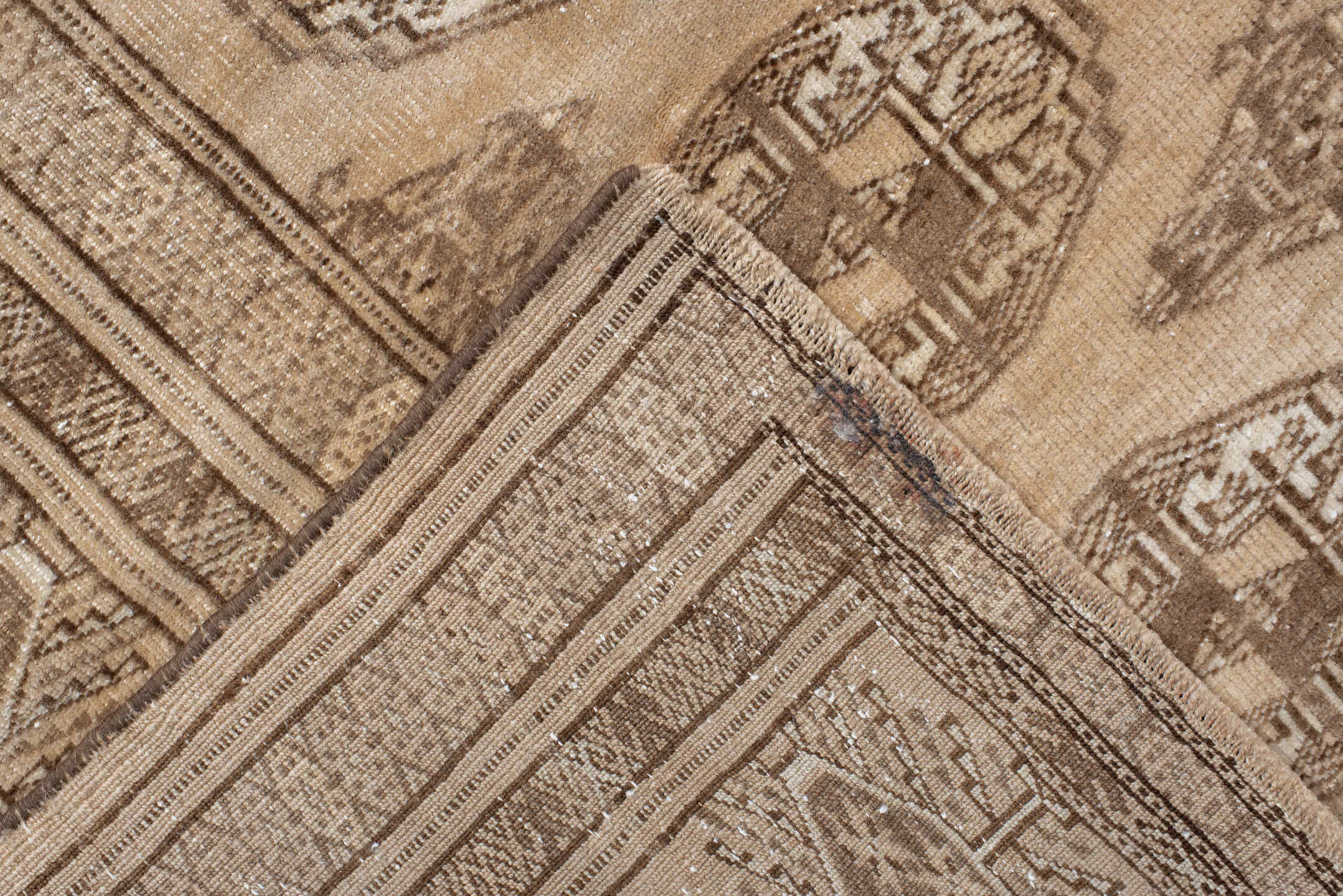 6' x 9' one-of-a-kind handmade antique Bokara medium size rug. Color palette: ivory, taupe, camel, beige, brown, gray