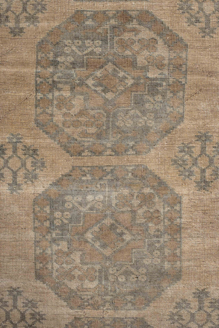 6' x 9' one-of-a-kind handmade antique Afghan rug. Color palette: ivory, taupe, beige, camel, sage, brown, gray, green