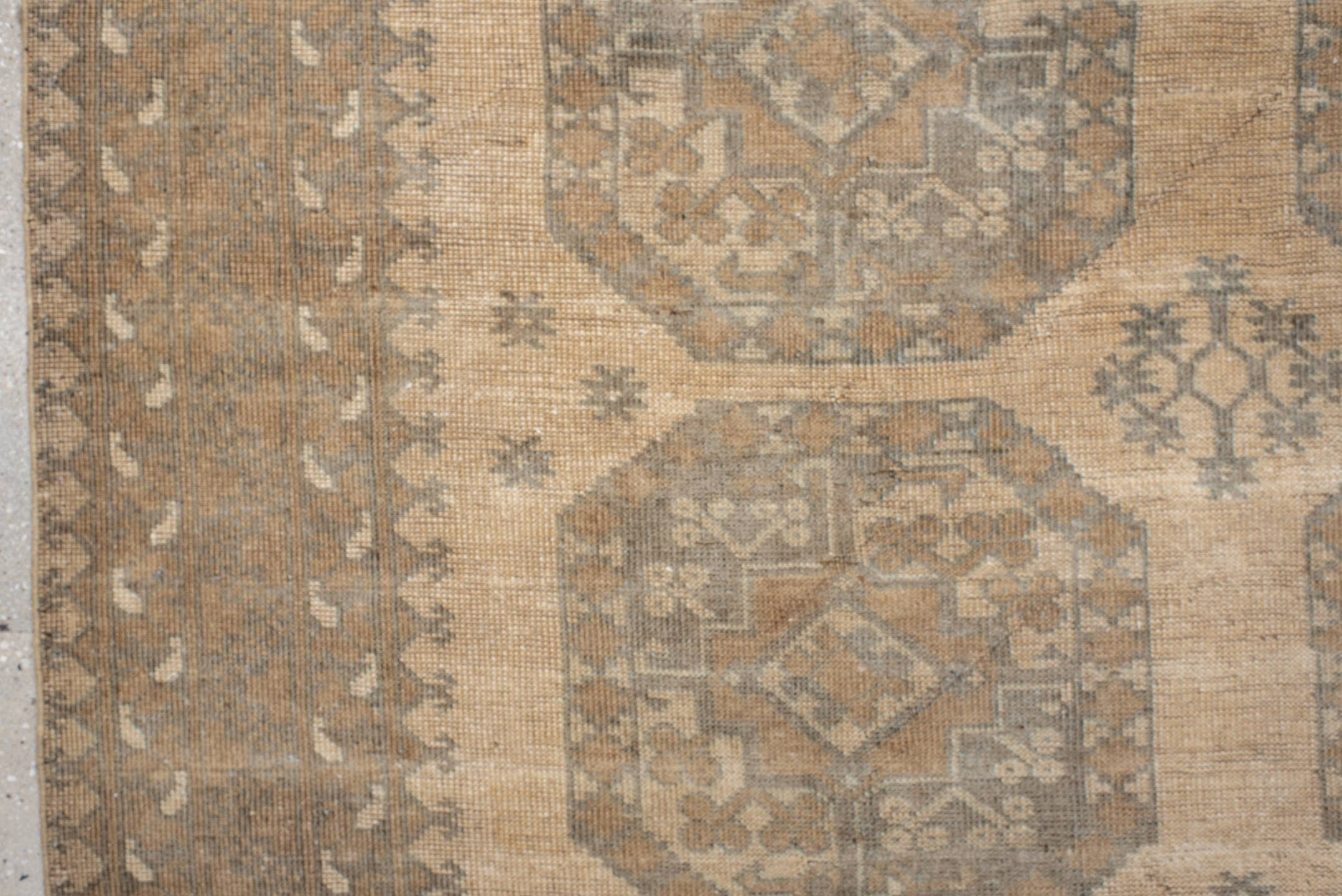 6' x 9' one-of-a-kind handmade antique Afghan rug. Color palette: ivory, taupe, beige, camel, sage, brown, gray, green