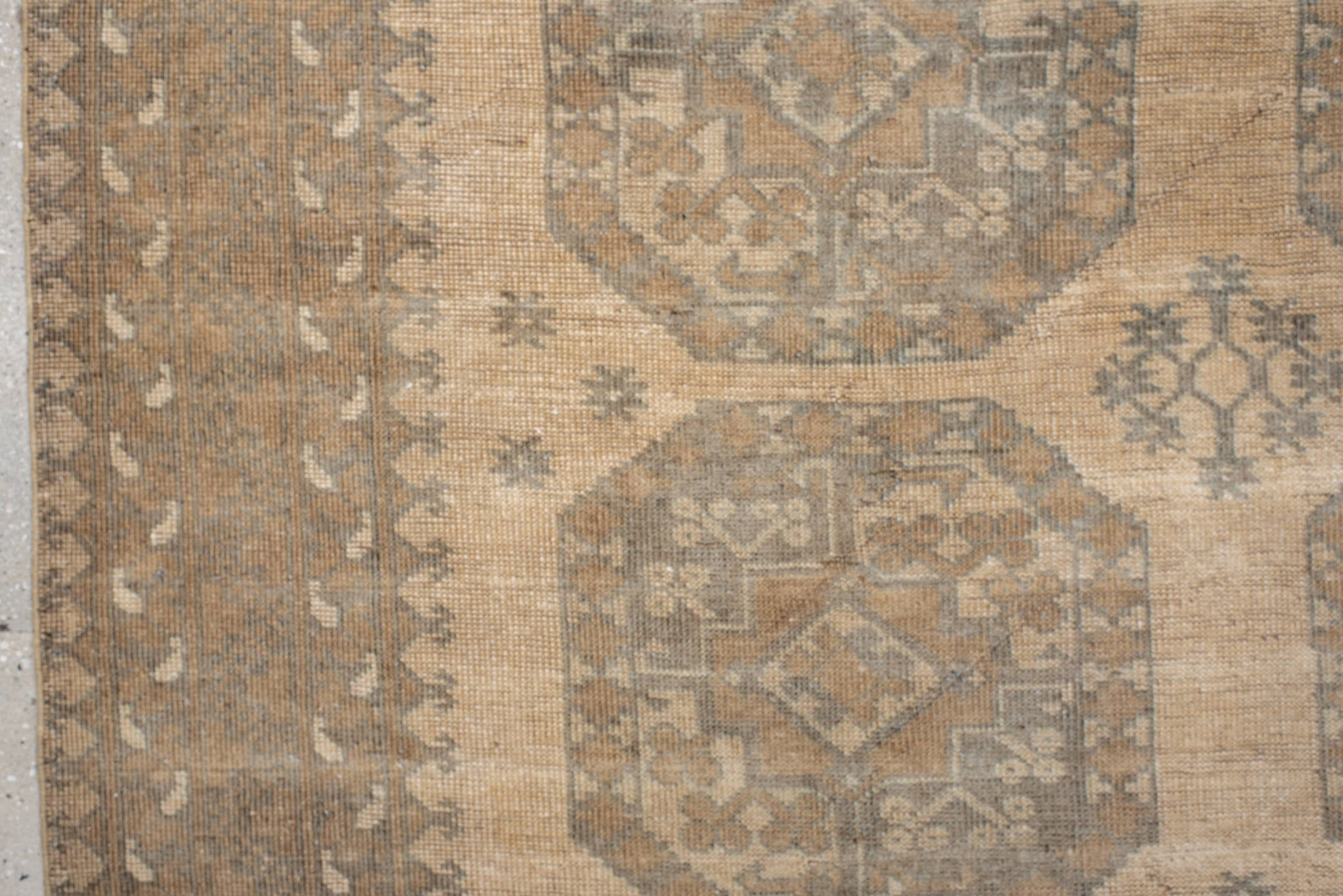 6' x 9' one-of-a-kind handmade antique Afghan rug. Color palette: ivory, taupe, beige, camel, sage, brown, gray, green