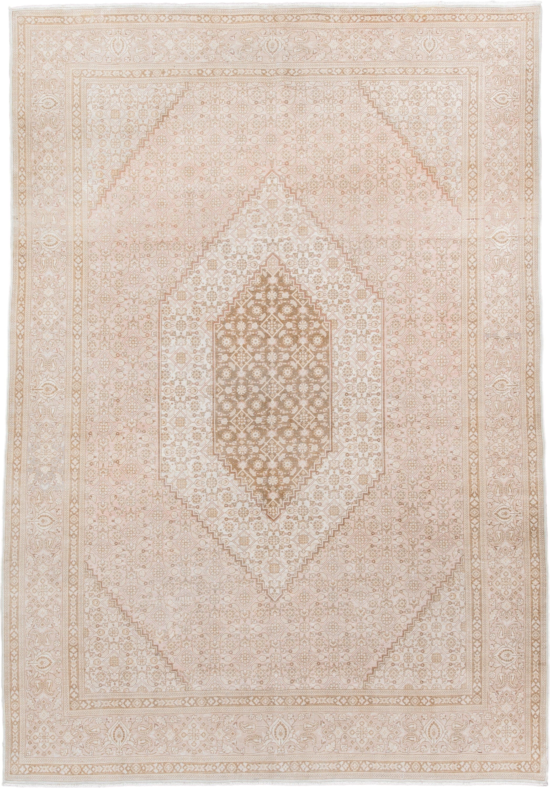 6' x 9' one-of-a-kind handmade vintage Tabriz medium size rug. Color palette: ivory, blush, taupe, beige, sand, pink, gray