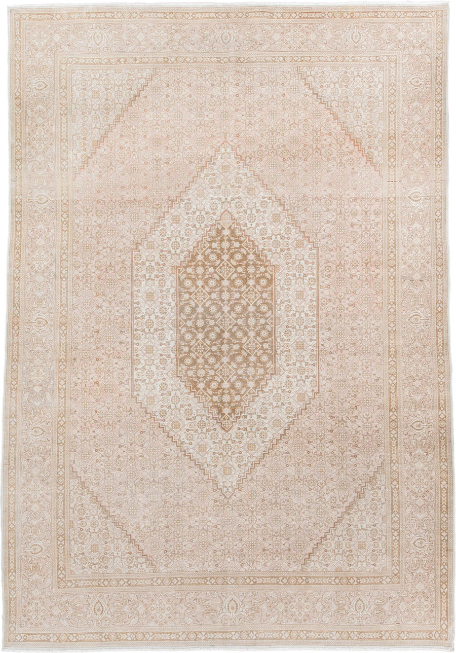 6' x 9' one-of-a-kind handmade vintage Tabriz medium size rug. Color palette: ivory, blush, taupe, beige, sand, pink, gray