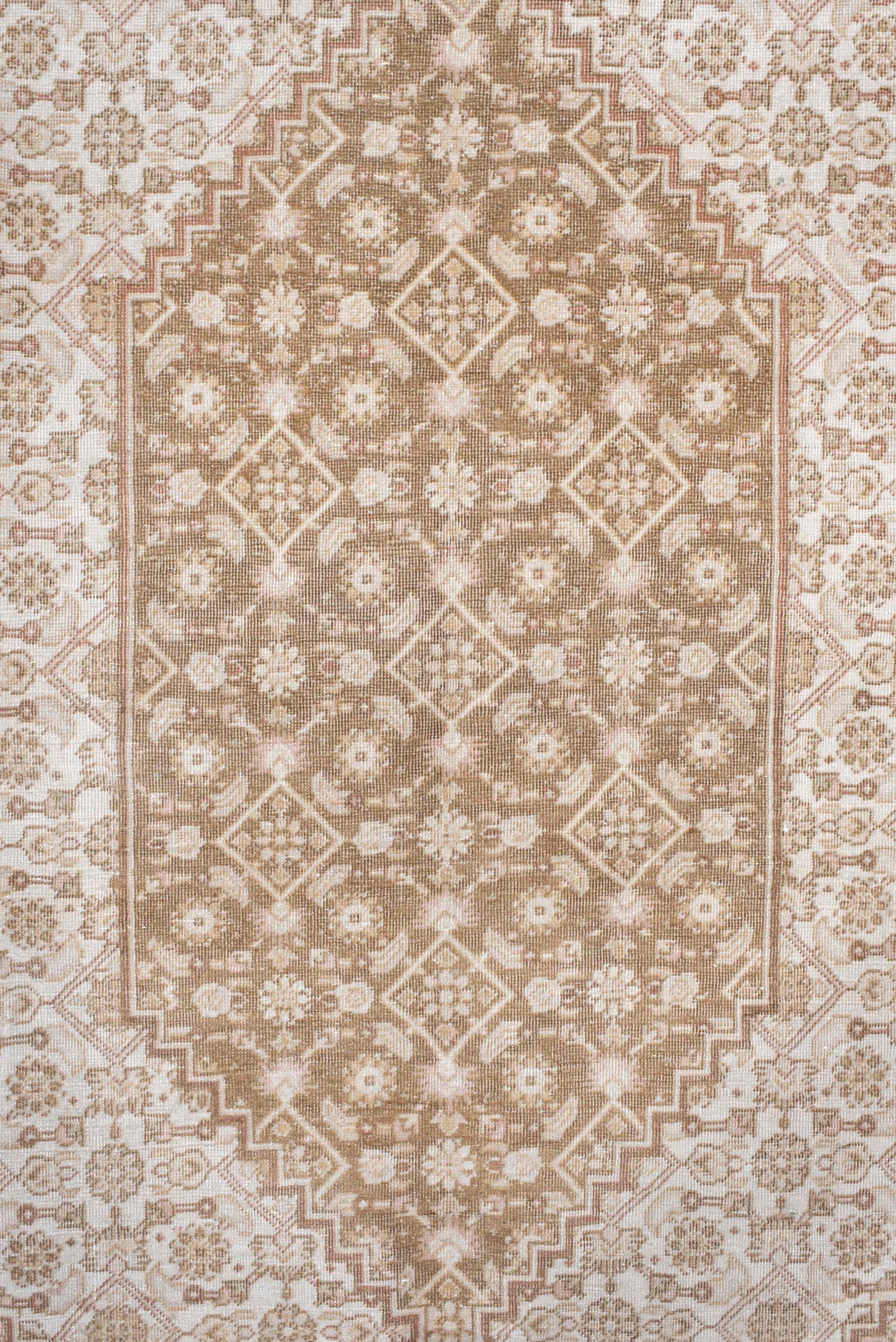 6' x 9' one-of-a-kind handmade vintage Tabriz medium size rug. Color palette: ivory, blush, taupe, beige, sand, pink, gray