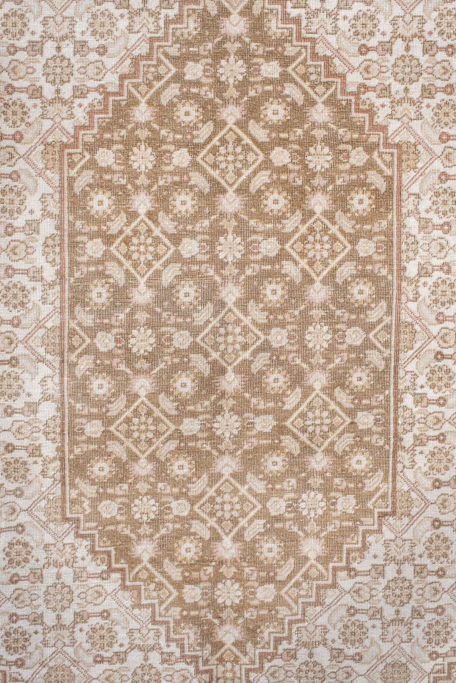 6' x 9' one-of-a-kind handmade vintage Tabriz medium size rug. Color palette: ivory, blush, taupe, beige, sand, pink, gray