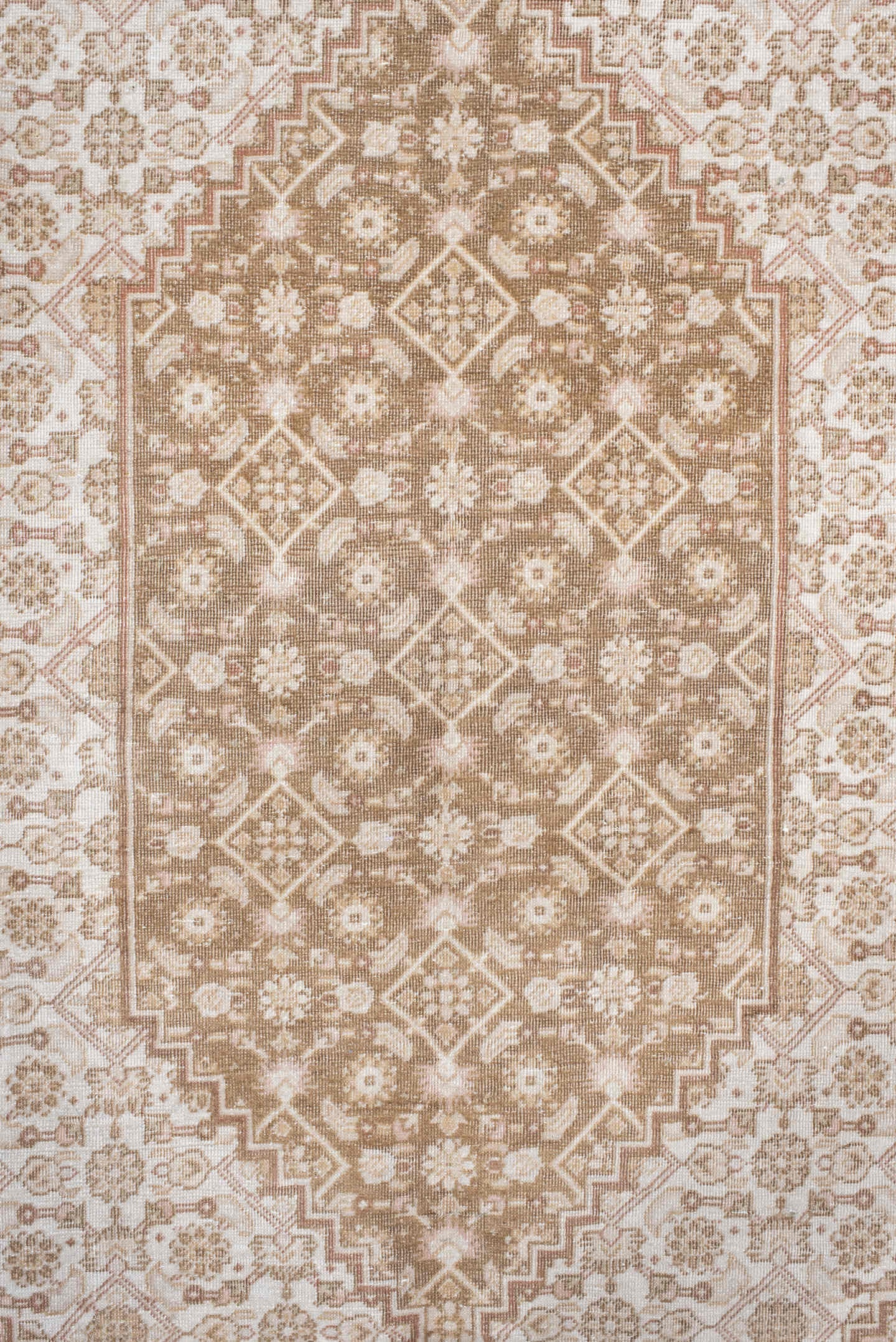 6' x 9' one-of-a-kind handmade vintage Tabriz medium size rug. Color palette: ivory, blush, taupe, beige, sand, pink, gray