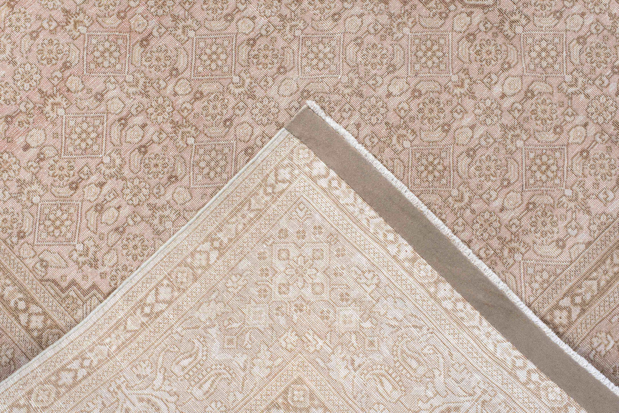6' x 9' one-of-a-kind handmade vintage Tabriz medium size rug. Color palette: ivory, blush, taupe, beige, sand, pink, gray