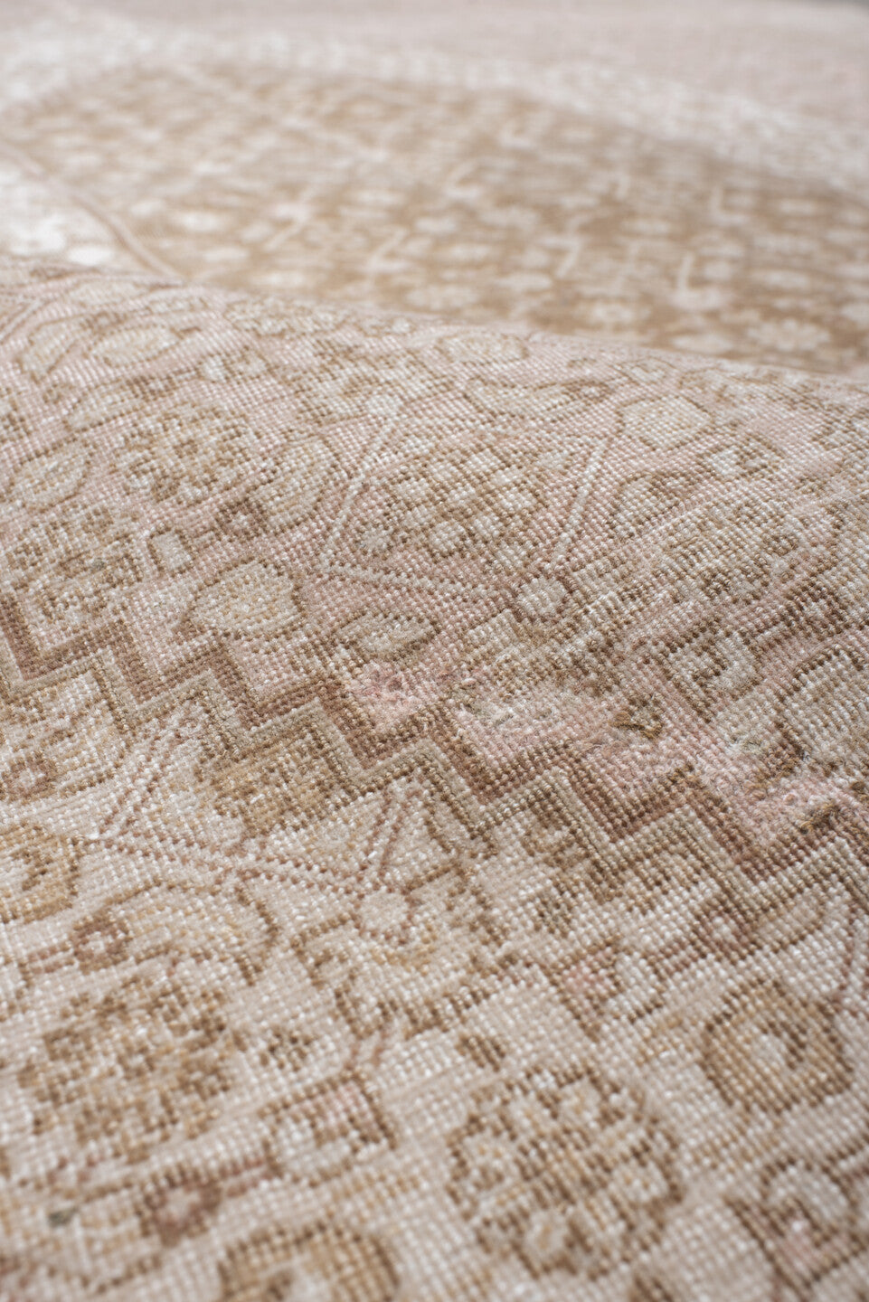 6' x 9' one-of-a-kind handmade vintage Tabriz medium size rug. Color palette: ivory, blush, taupe, beige, sand, pink, gray