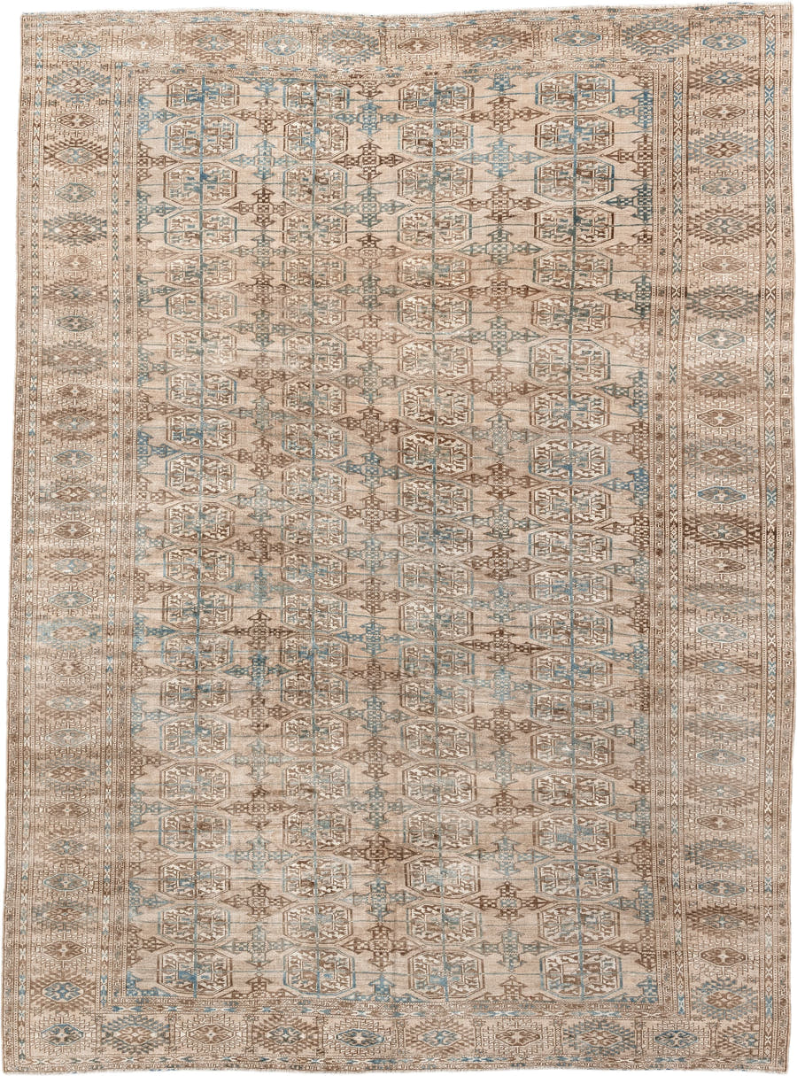 7' x 10' one-of-a-kind handmade antique Bokara large size rug. Color palette: ivory, taupe, camel, pale blue, brown, beige