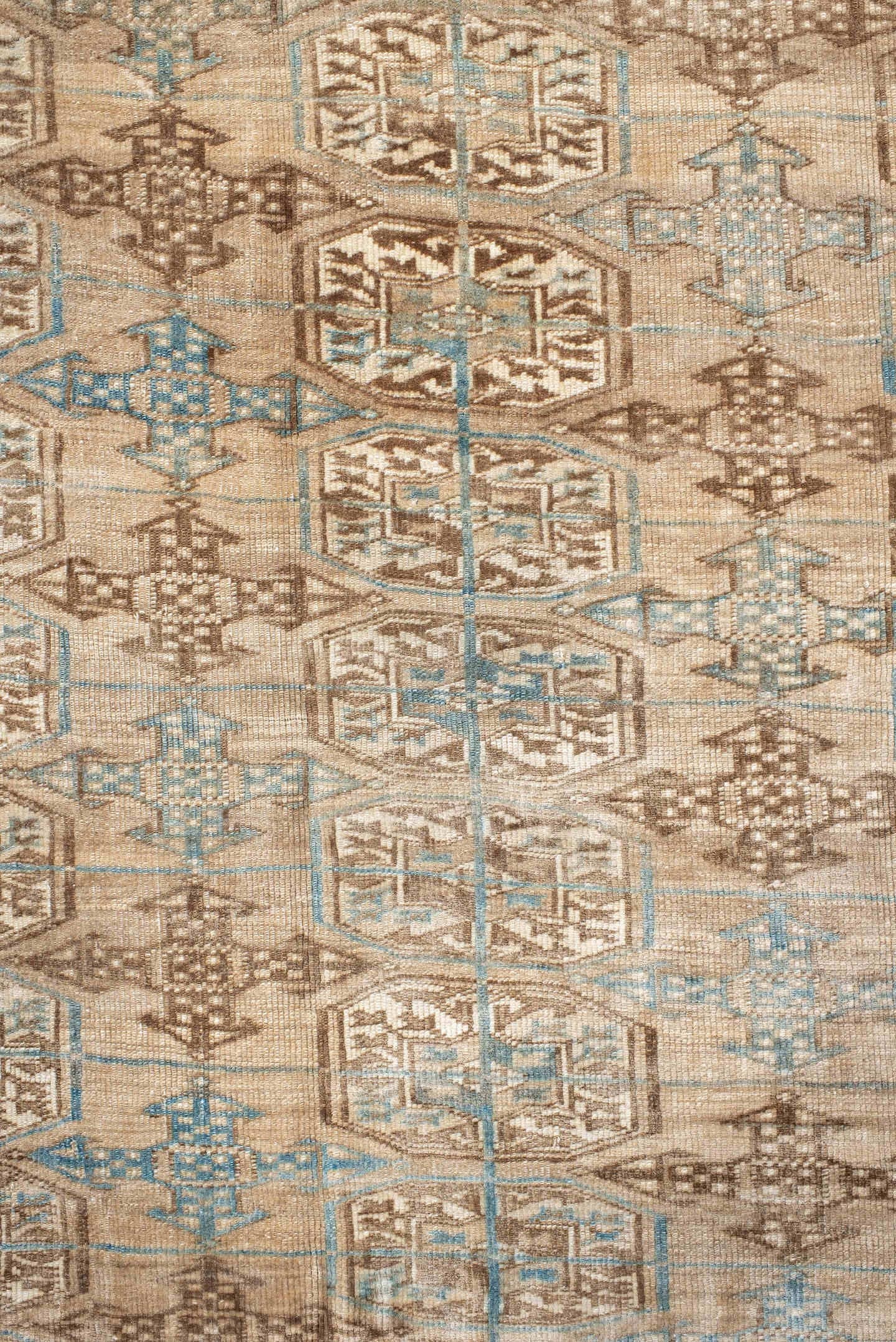 7' x 10' one-of-a-kind handmade antique Bokara large size rug. Color palette: ivory, taupe, camel, pale blue, brown, beige