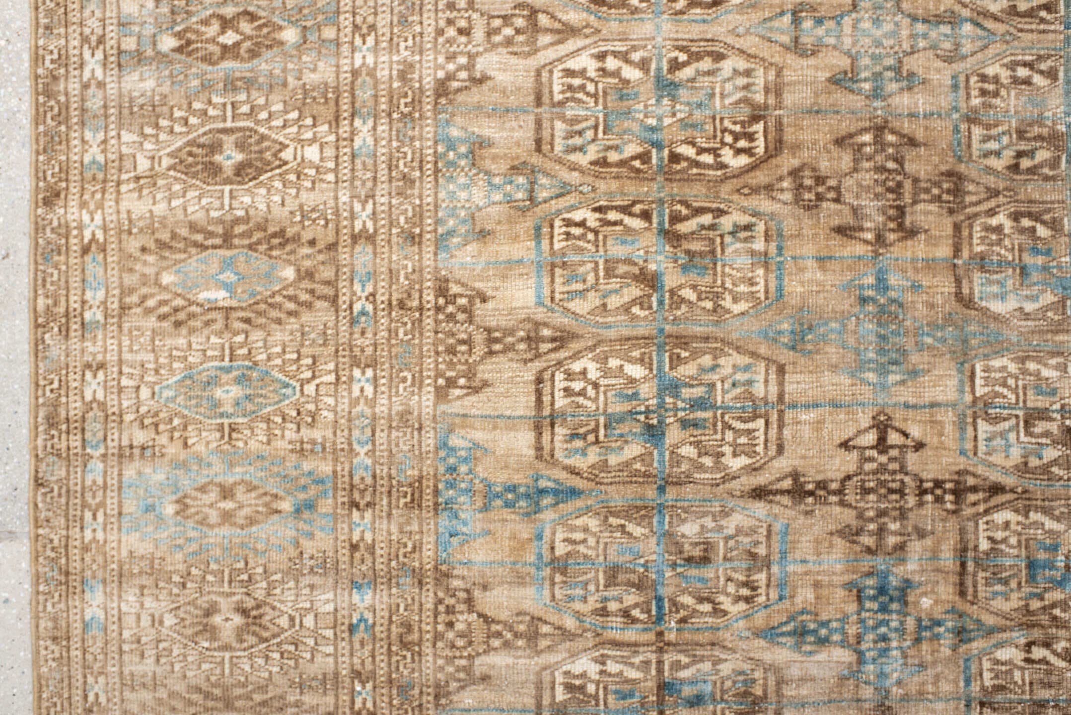 7' x 10' one-of-a-kind handmade antique Bokara large size rug. Color palette: ivory, taupe, camel, pale blue, brown, beige