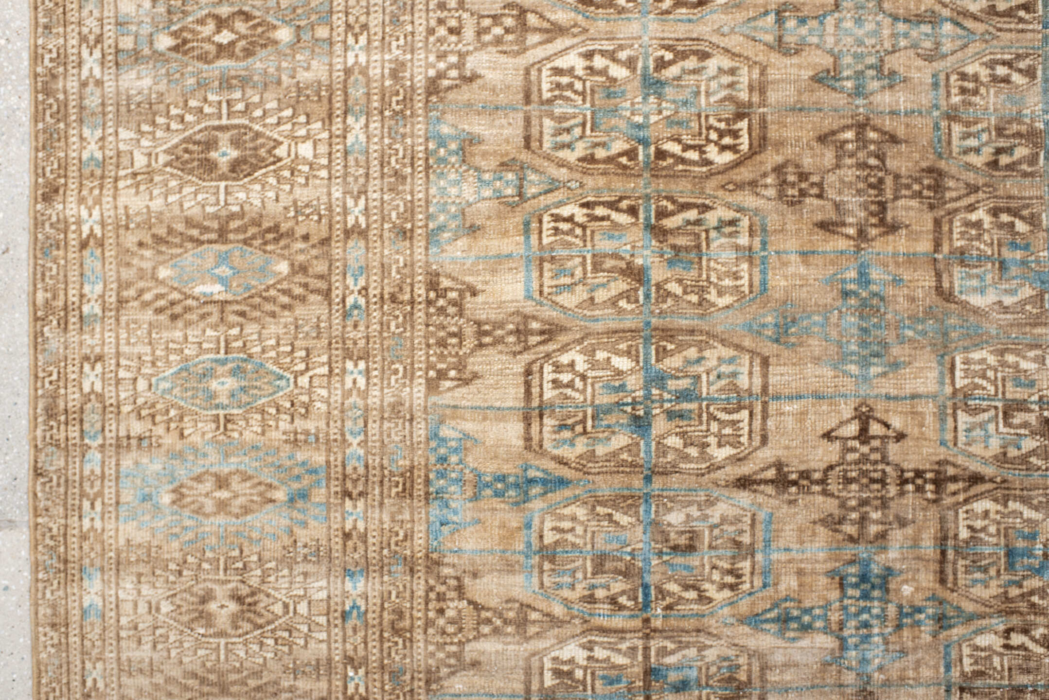 7' x 10' one-of-a-kind handmade antique Bokara large size rug. Color palette: ivory, taupe, camel, pale blue, brown, beige