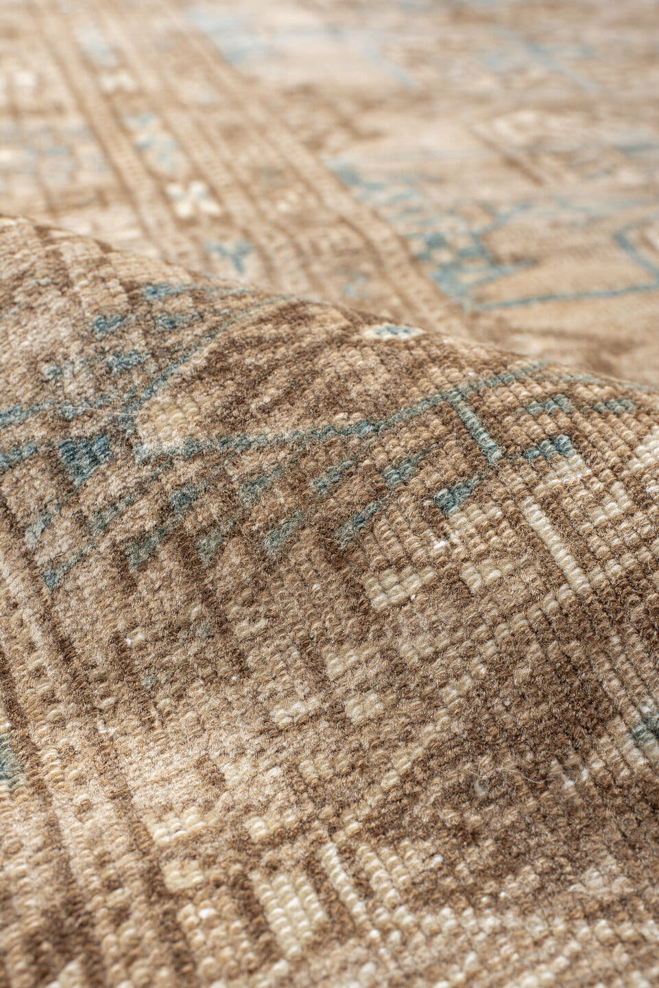 7' x 10' one-of-a-kind handmade antique Bokara large size rug. Color palette: ivory, taupe, camel, pale blue, brown, beige