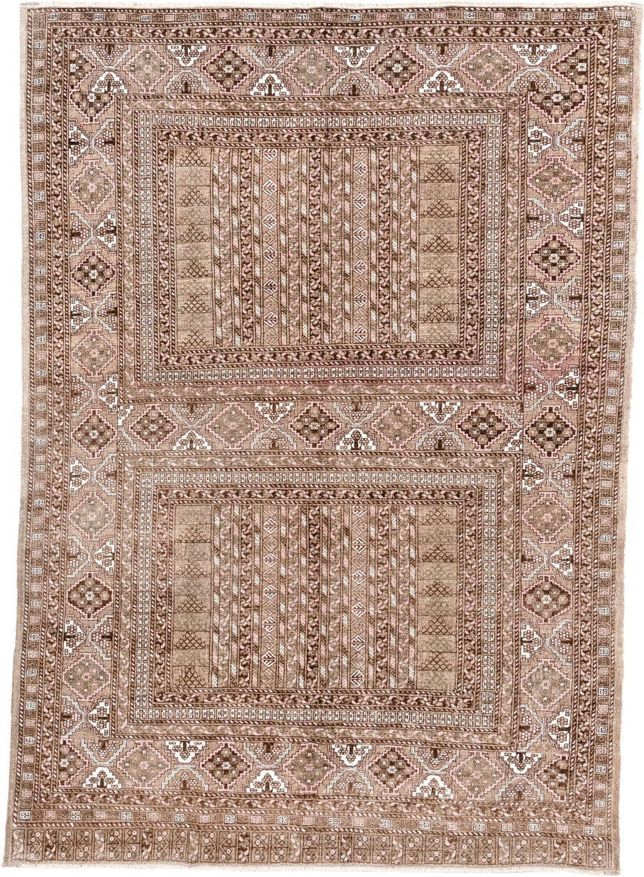 5' x 7' one-of-a-kind handmade vintage  rug. Color palette: taupe, brown, ivory, blush, camel, beige, gray, pink
