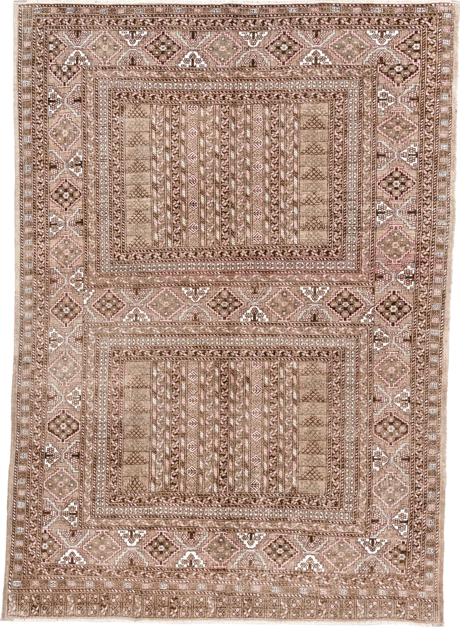 5' x 7' one-of-a-kind handmade vintage  rug. Color palette: antiquewhite, brown, floral white, gray, light gray, linen
