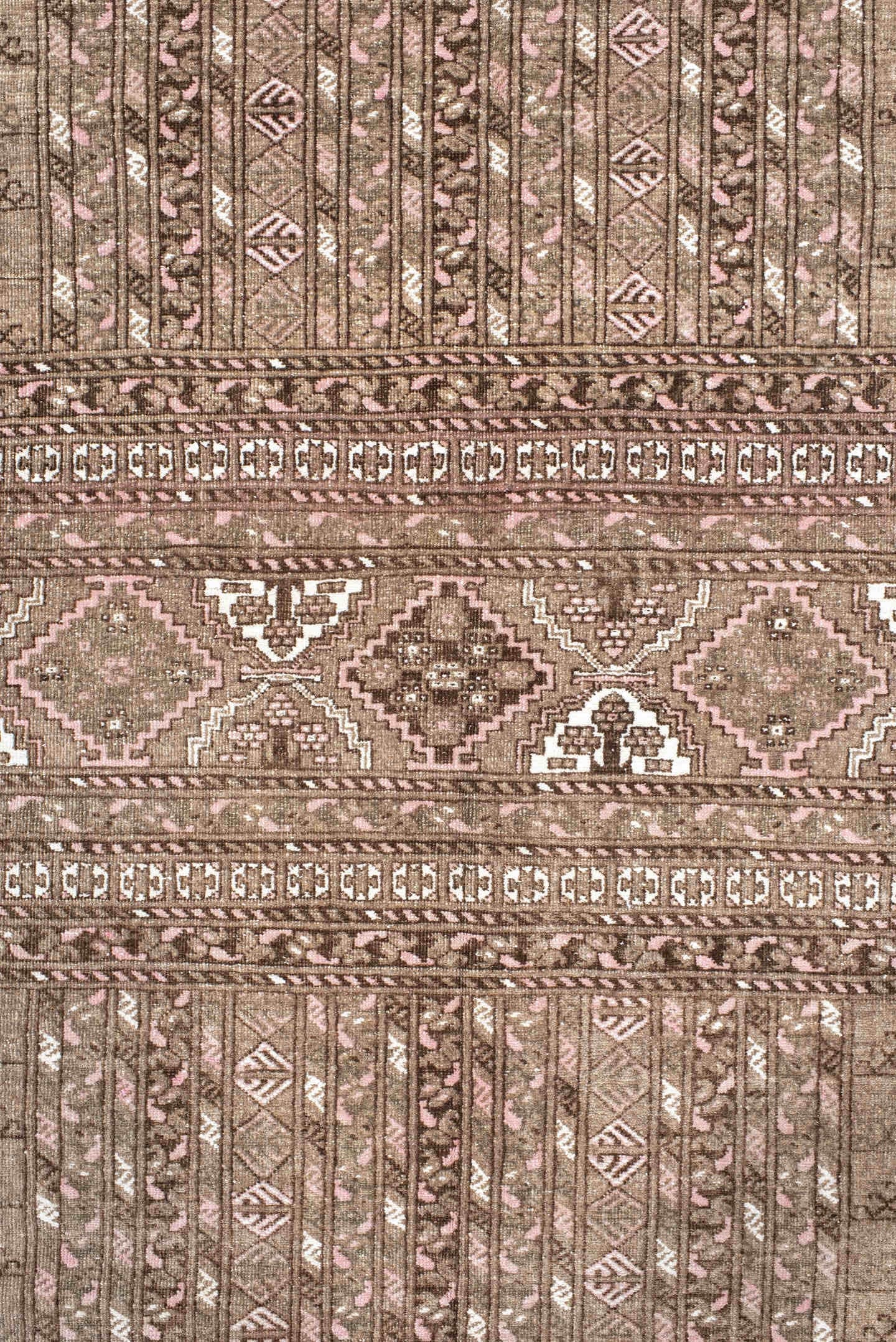 5' x 7' one-of-a-kind handmade vintage  rug. Color palette: taupe, brown, ivory, blush, camel, beige, gray, pink
