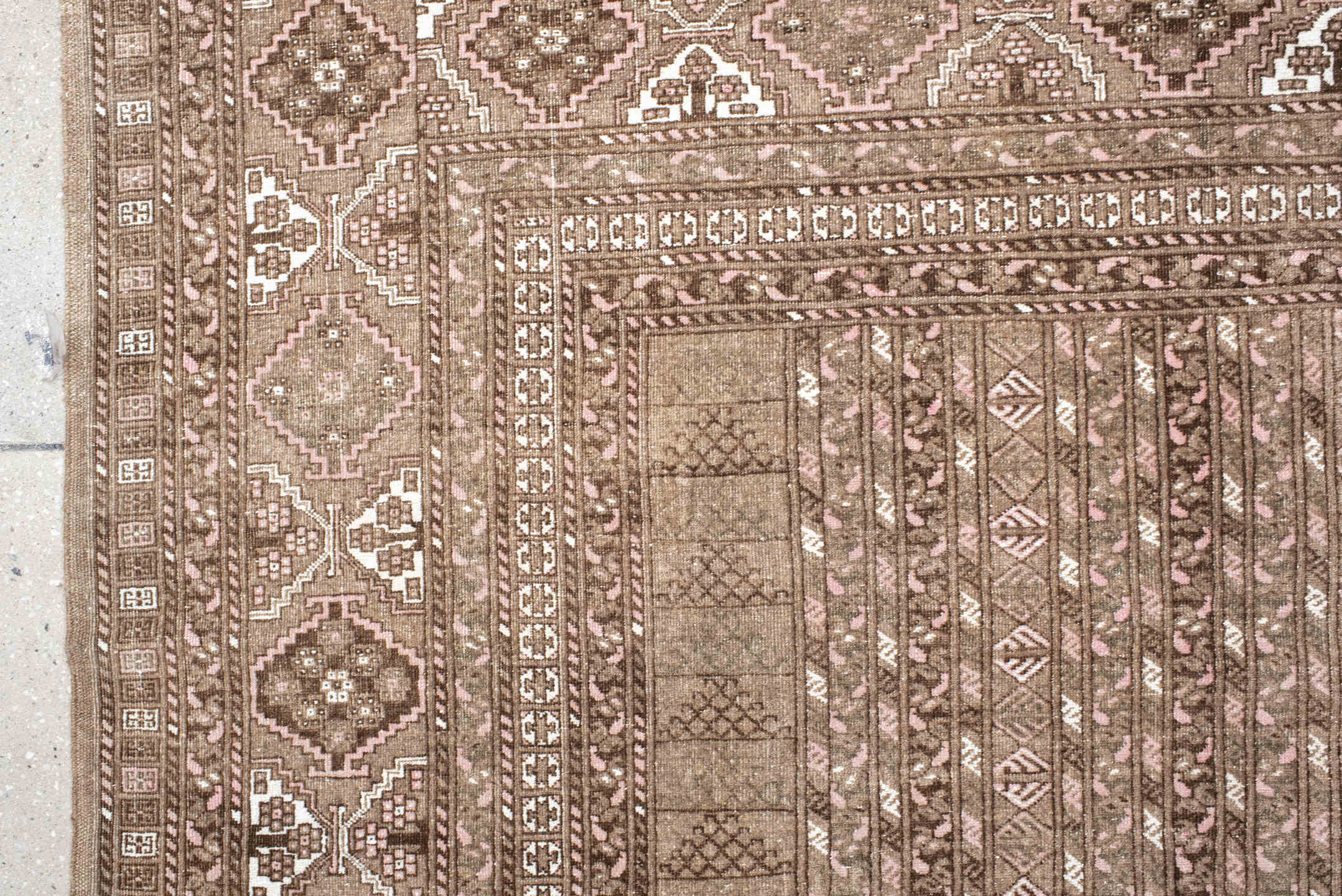 5' x 7' one-of-a-kind handmade vintage  rug. Color palette: taupe, brown, ivory, blush, camel, beige, gray, pink
