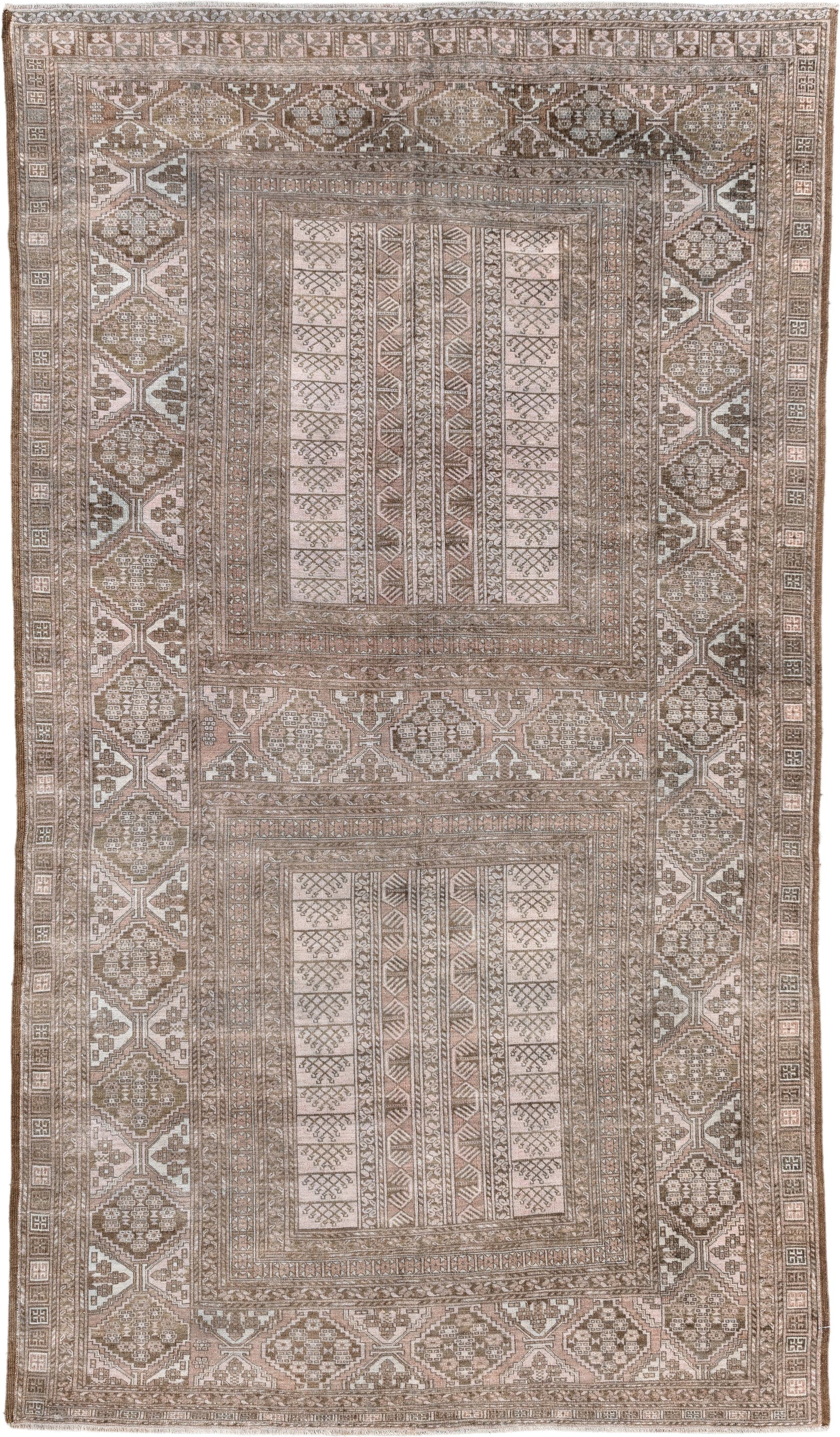 5' x 9' one-of-a-kind handmade antique Afghan medium size rug. Color palette: taupe, ivory, camel, brown, rose, beige, gray