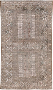 5' x 9' one-of-a-kind handmade antique Afghan medium size rug. Color palette: taupe, ivory, camel, brown, rose, beige, gray