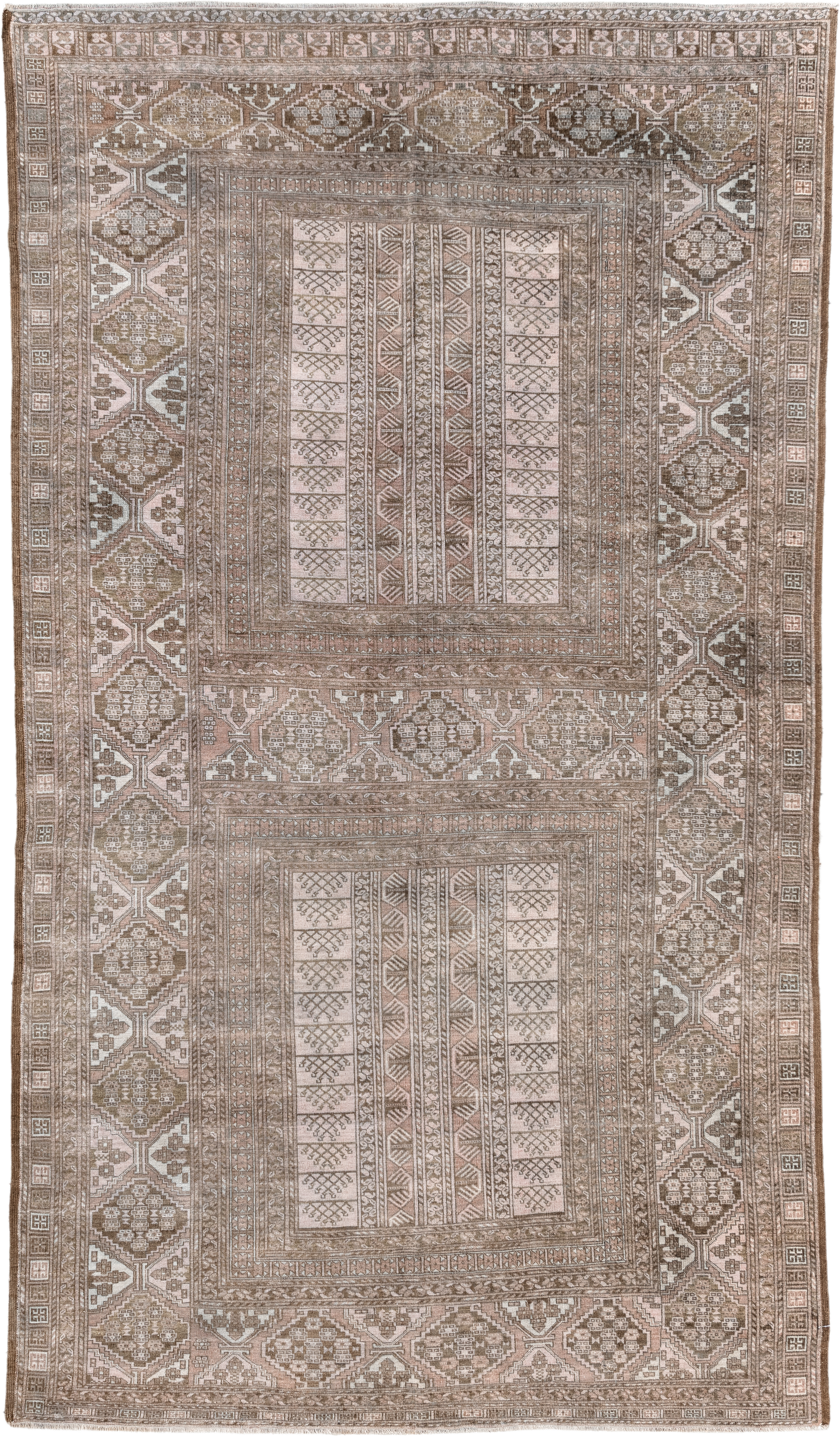 5' x 9' one-of-a-kind handmade antique Afghan medium size rug. Color palette: taupe, ivory, camel, brown, rose, beige, gray