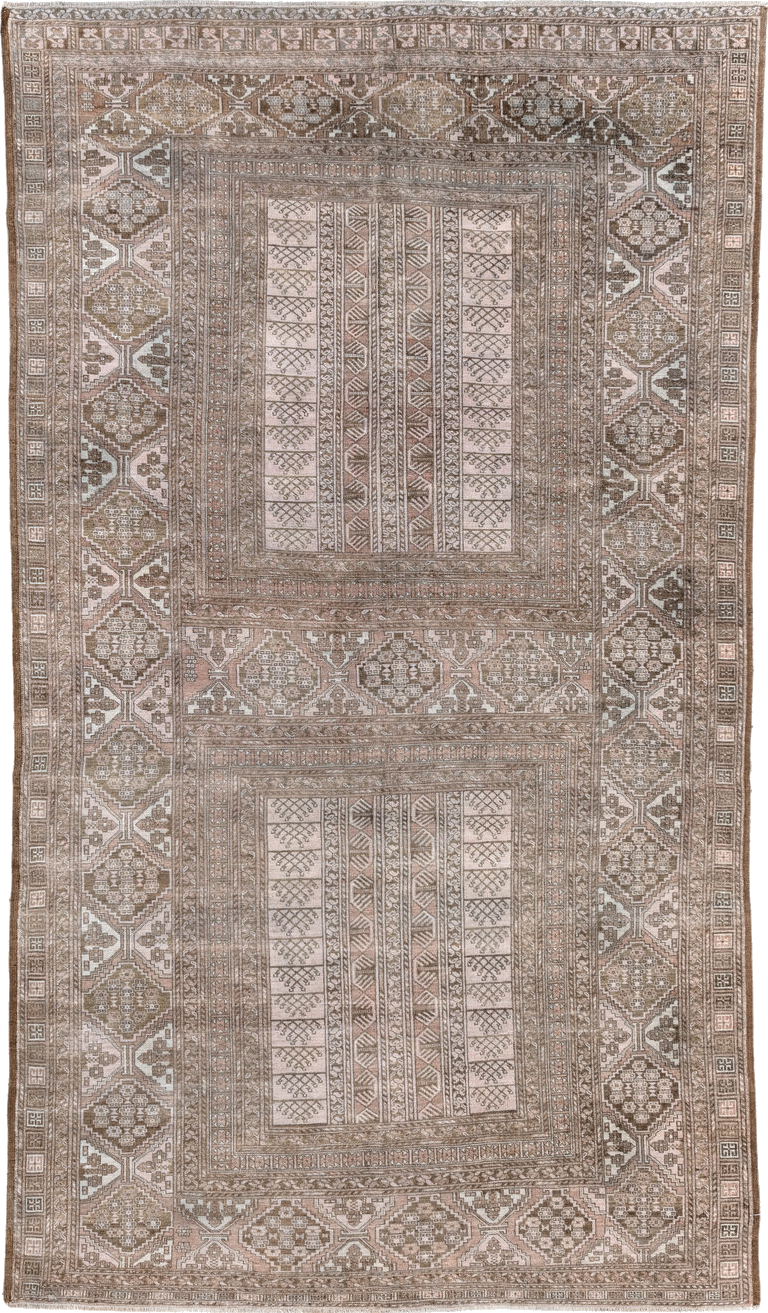 5' x 9' one-of-a-kind handmade vintage Afghan medium size rug. Color palette: brown, dark gray, gray, light gray, off-white