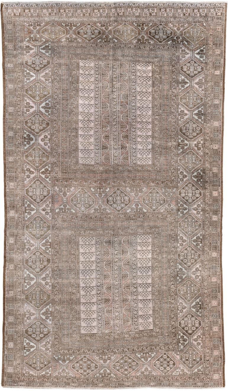 5' x 9' one-of-a-kind handmade antique Afghan medium size rug. Color palette: taupe, ivory, camel, brown, rose, beige, gray