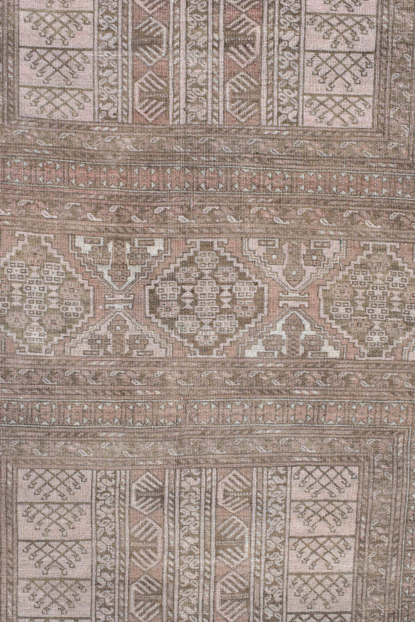 5' x 9' one-of-a-kind handmade antique Afghan medium size rug. Color palette: taupe, ivory, camel, brown, rose, beige, gray