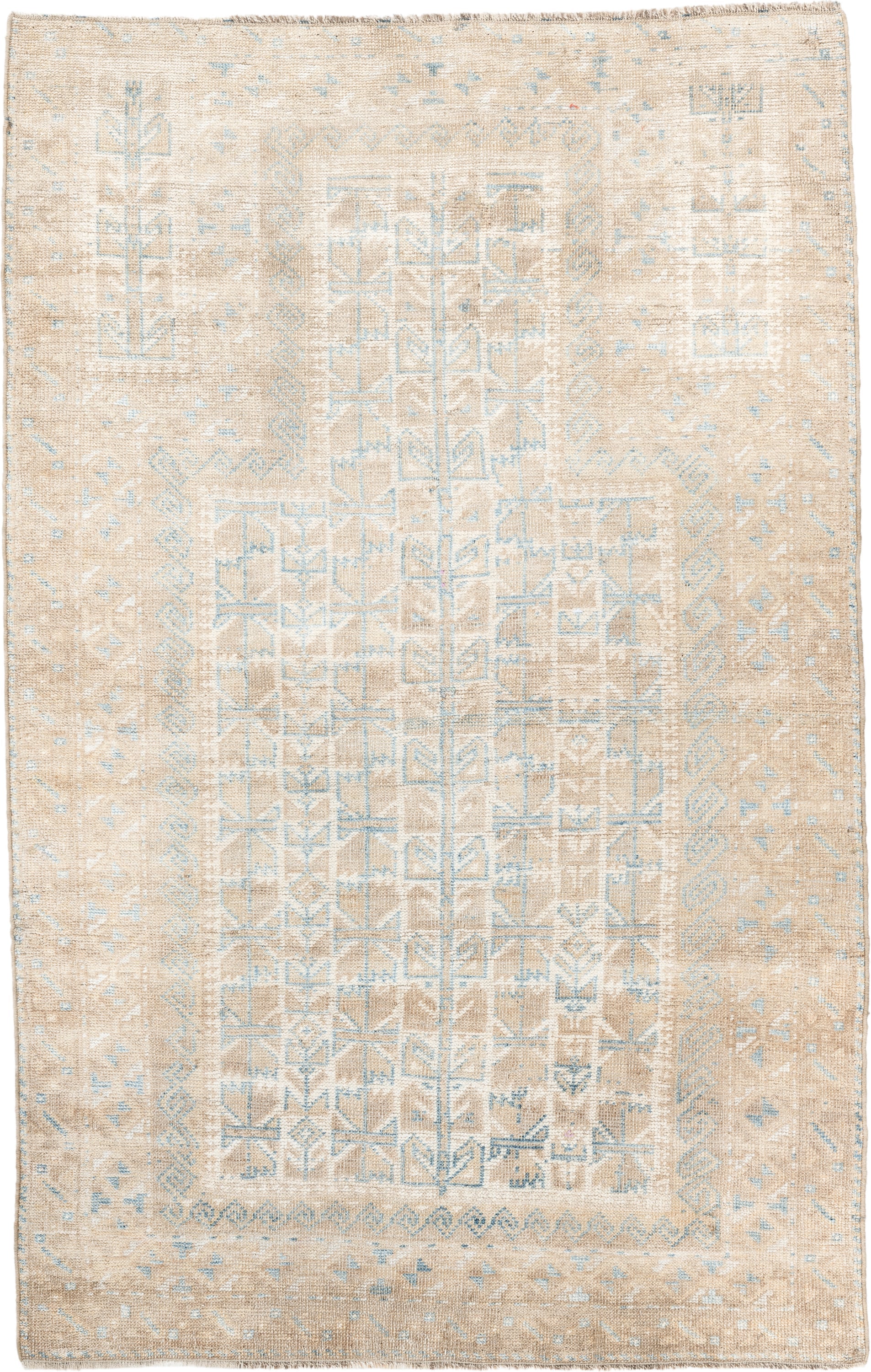 3' x 4' one-of-a-kind handmade vintage Belouch small size rug. Color palette: beige, ivory, light blue, taupe, gray