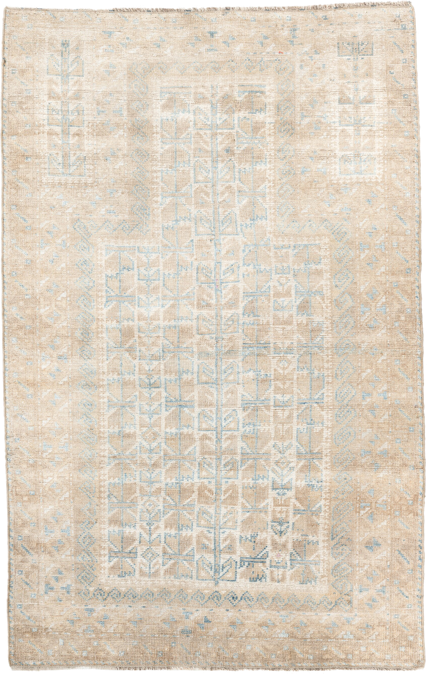 3' x 4' one-of-a-kind handmade vintage Belouch small size rug. Color palette: beige, ivory, light blue, taupe, gray