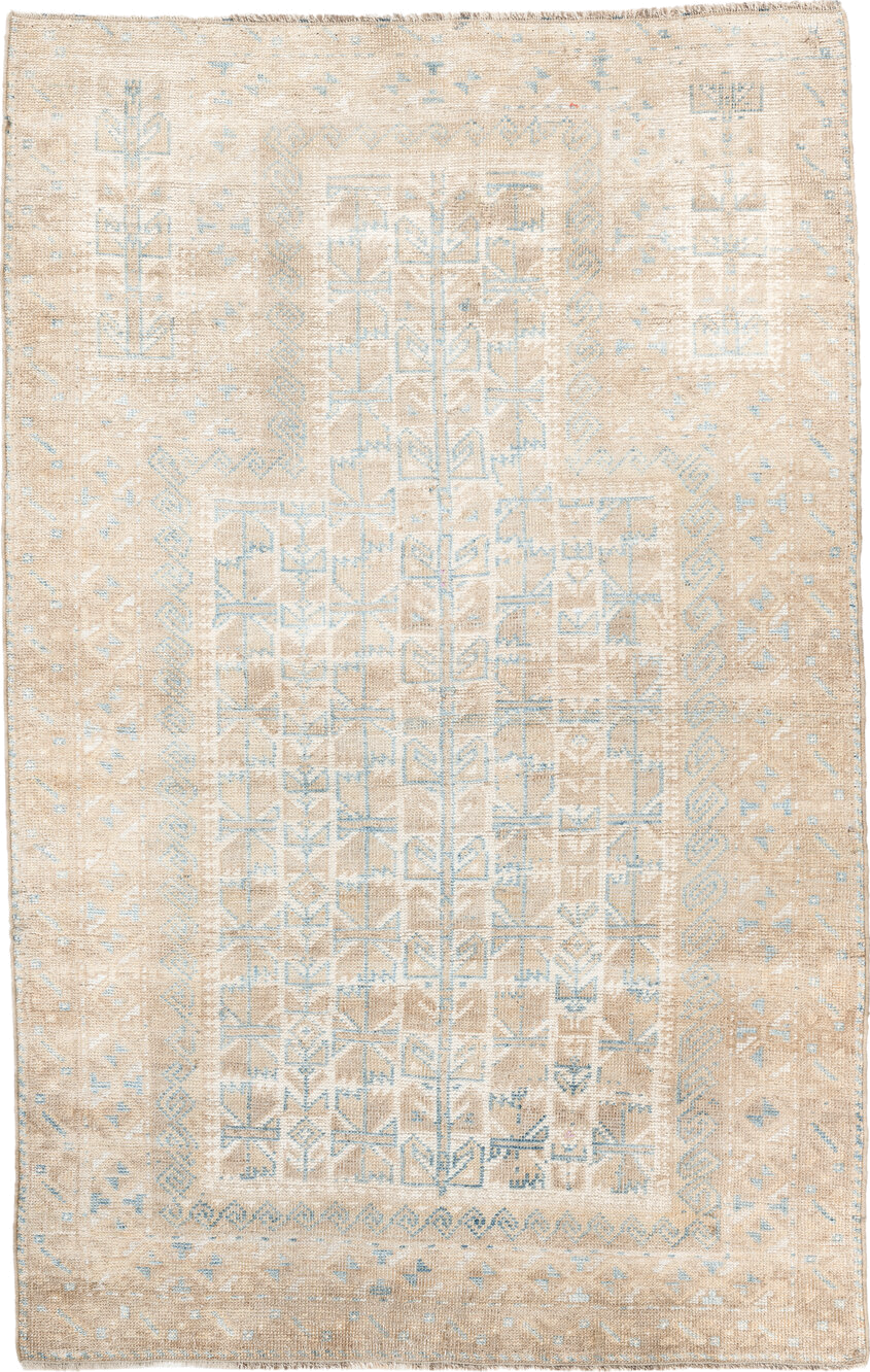 3' x 4' one-of-a-kind handmade vintage Belouch small size rug. Color palette: antiquewhite, brown, dark gray, floral white