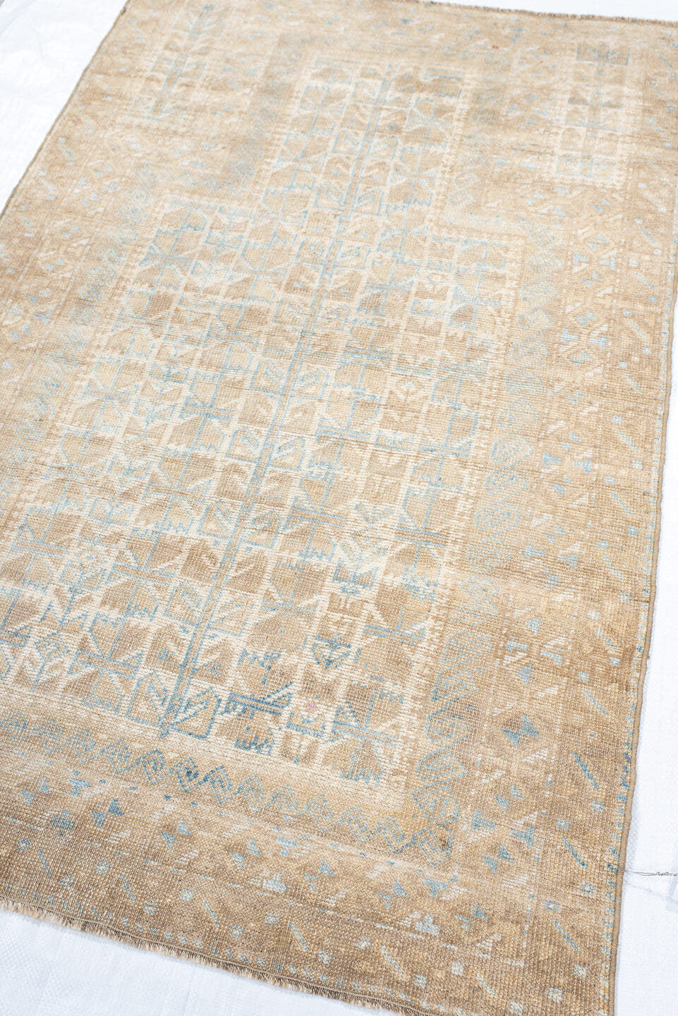 3' x 4' one-of-a-kind handmade vintage Belouch small size rug. Color palette: beige, ivory, light blue, taupe, gray
