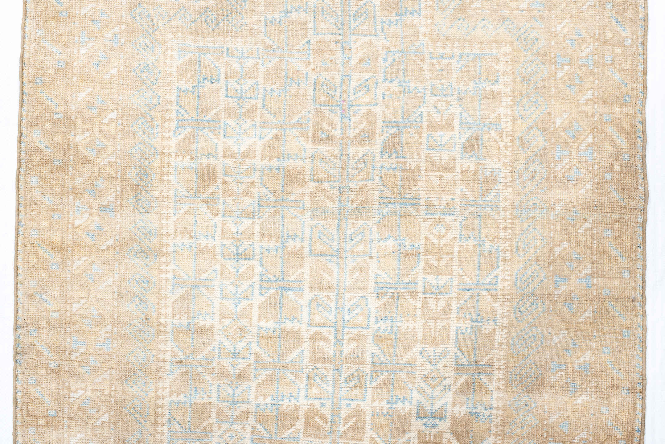 3' x 4' one-of-a-kind handmade vintage Belouch small size rug. Color palette: beige, ivory, light blue, taupe, gray
