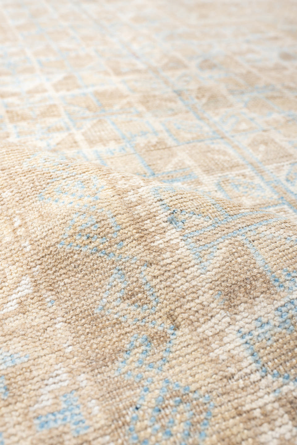 3' x 4' one-of-a-kind handmade vintage Belouch small size rug. Color palette: beige, ivory, light blue, taupe, gray