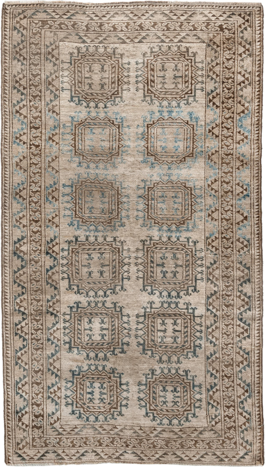 3' x 6' one-of-a-kind handmade antique Afghan small size rug. Color palette: ivory, taupe, brown, sky blue, camel, slate