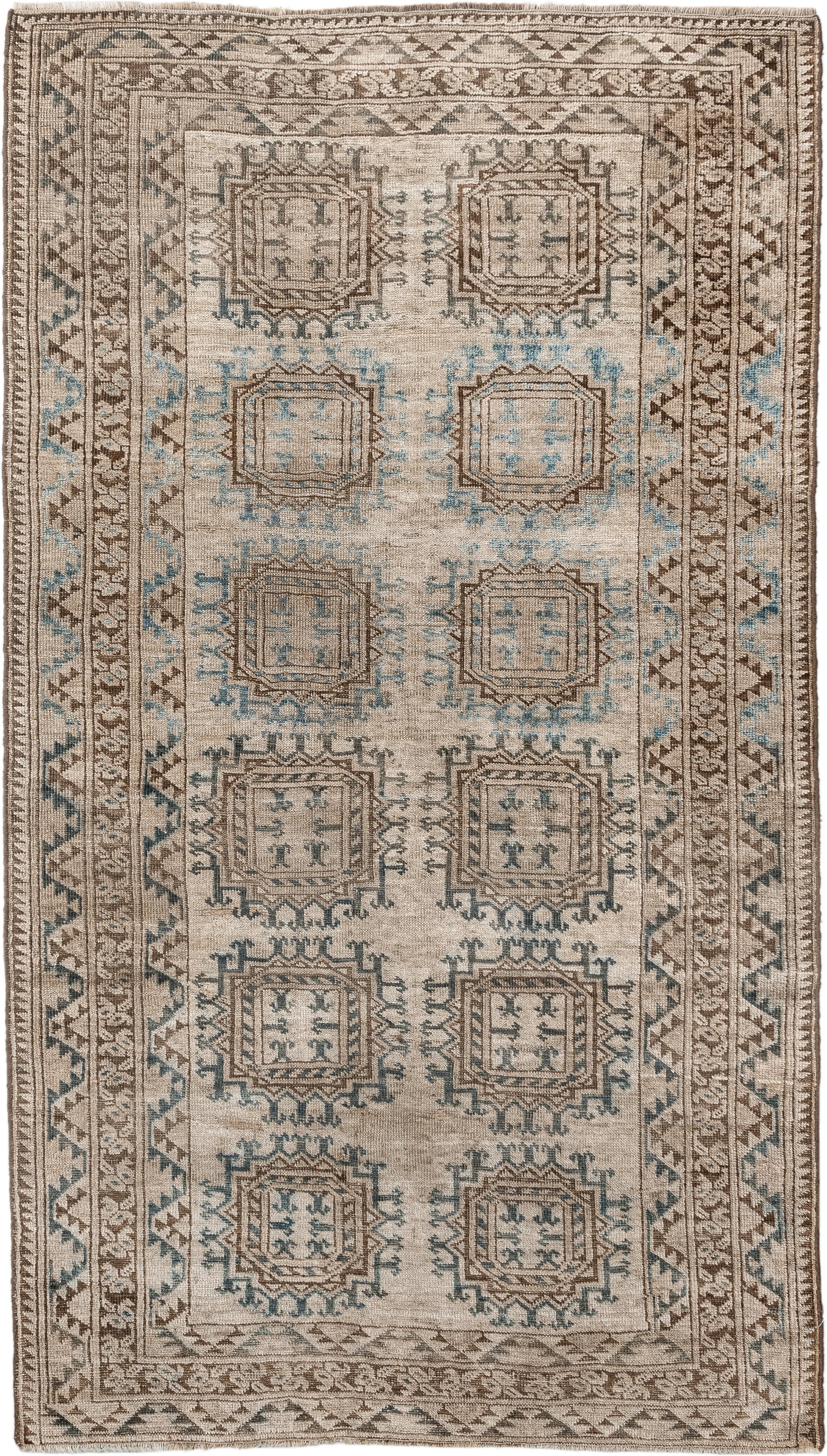 3' x 6' one-of-a-kind handmade antique Afghan small size rug. Color palette: ivory, taupe, brown, sky blue, camel, slate