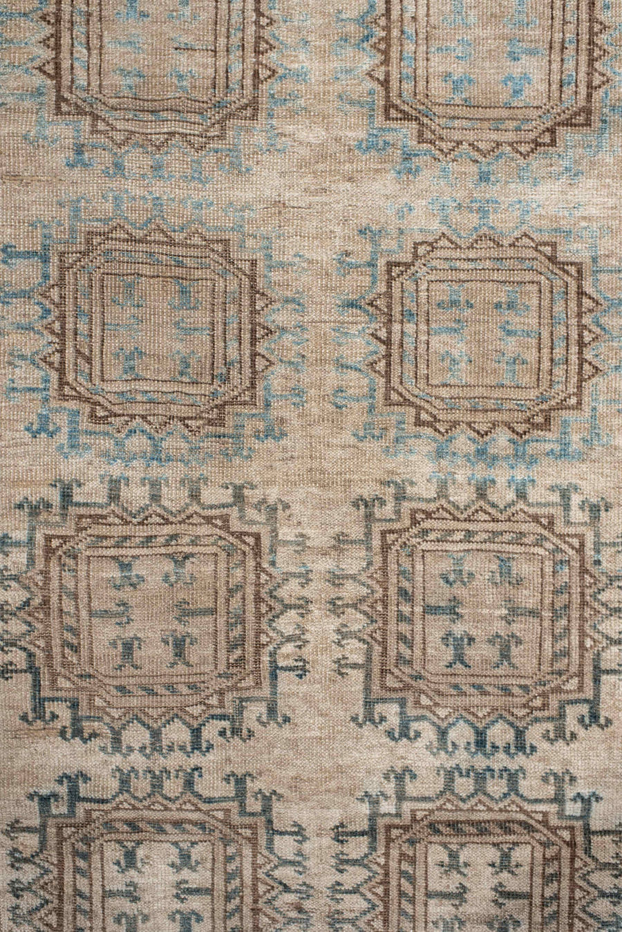 3' x 6' one-of-a-kind handmade antique Afghan small size rug. Color palette: ivory, taupe, brown, sky blue, camel, slate