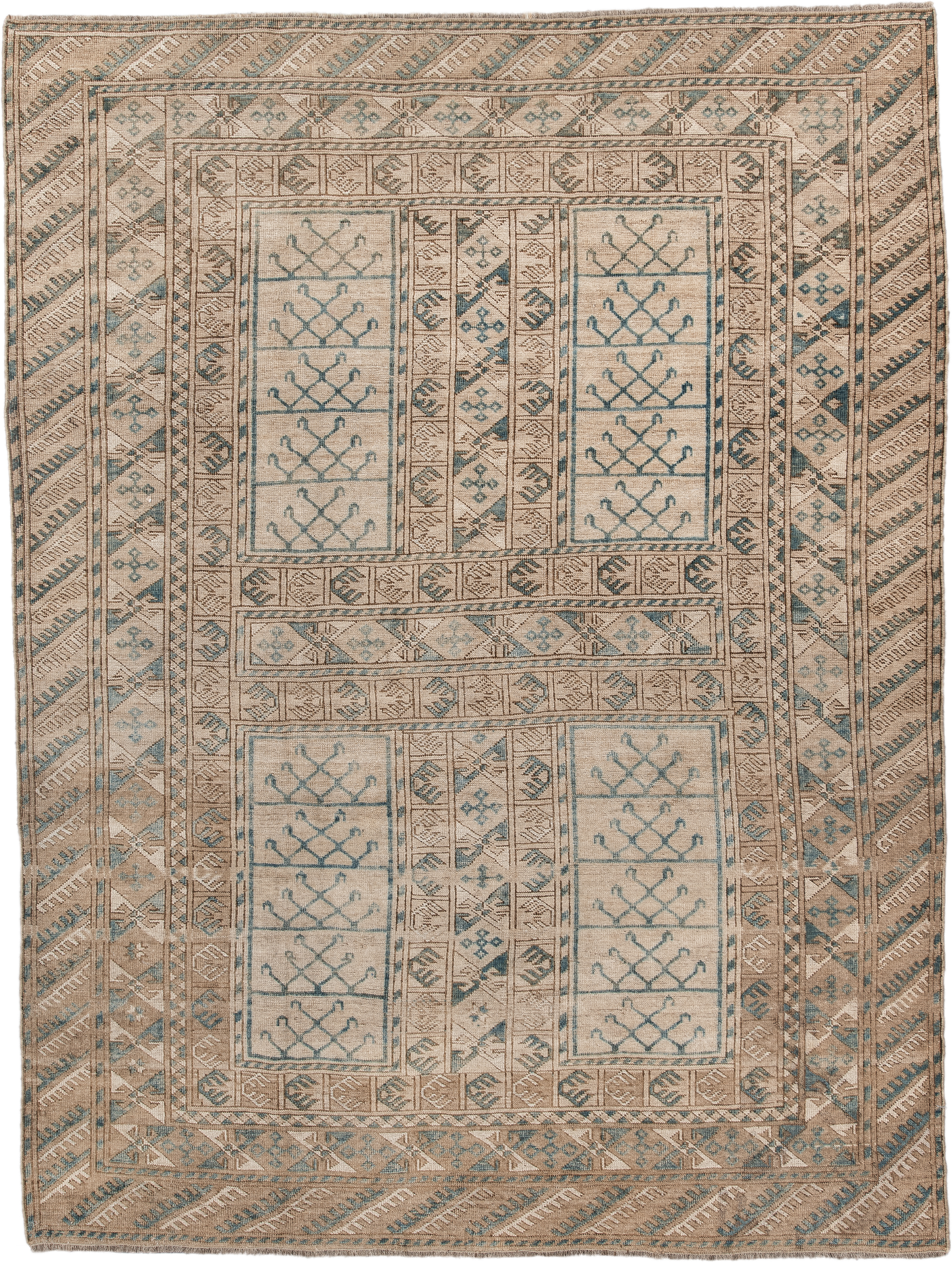 5' x 7' one-of-a-kind handmade antique Afghan rug. Color palette: ivory, taupe, teal, camel, beige, gray