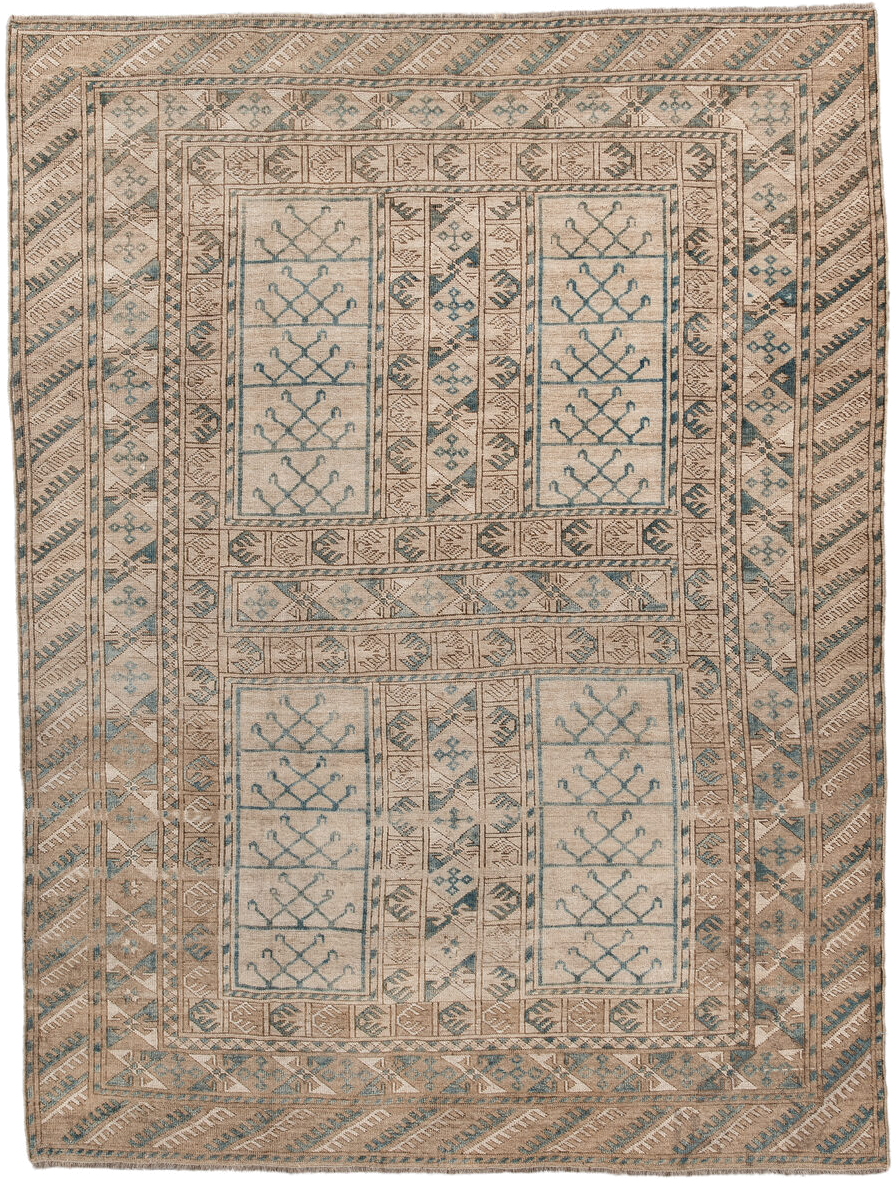 5' x 7' one-of-a-kind handmade antique Afghan rug. Color palette: ivory, taupe, teal, camel, beige, gray