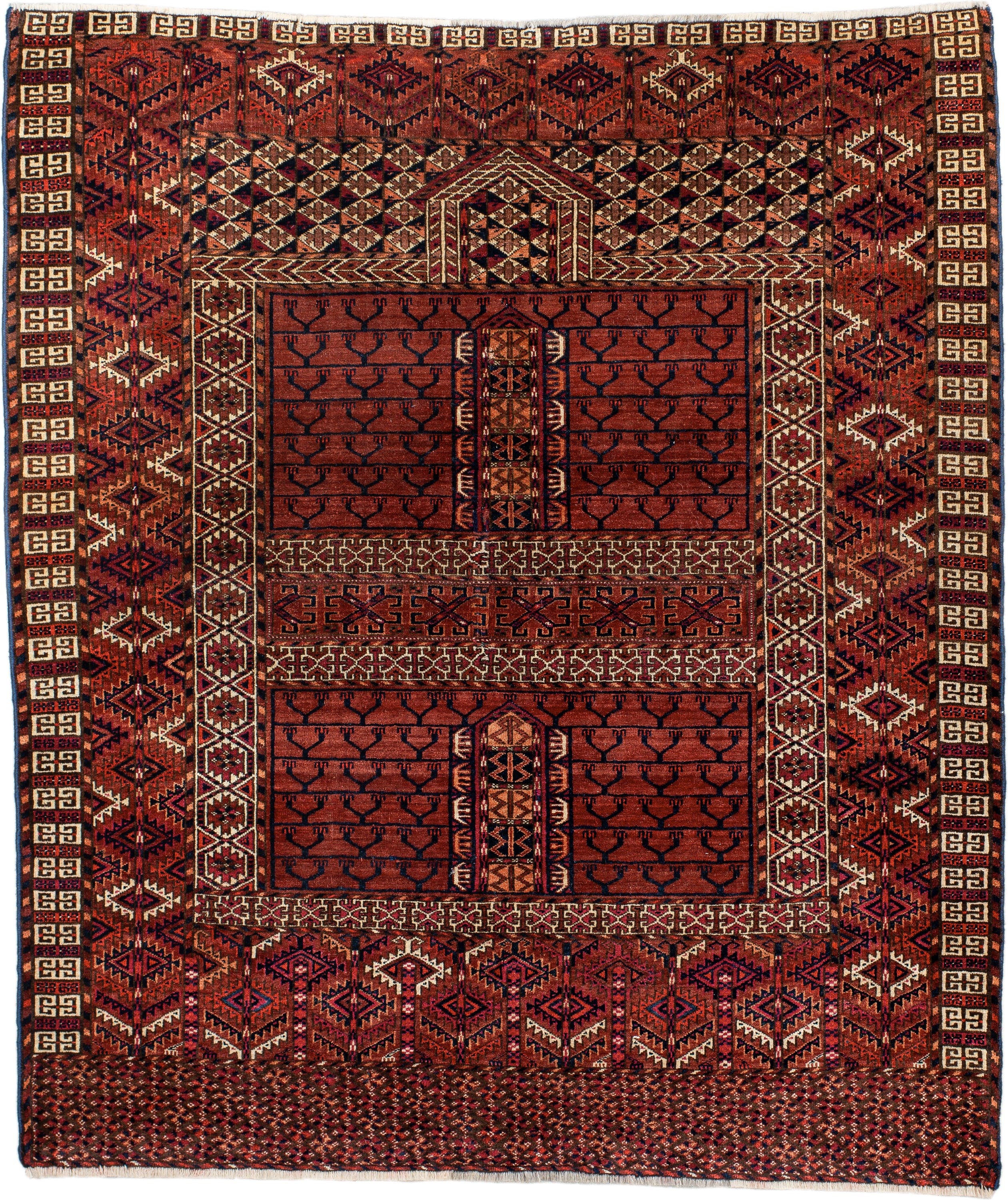 4' x 4' one-of-a-kind handmade antique Torkaman small size rug. Color palette: rust, burgundy, ivory, dark_brown, terracotta