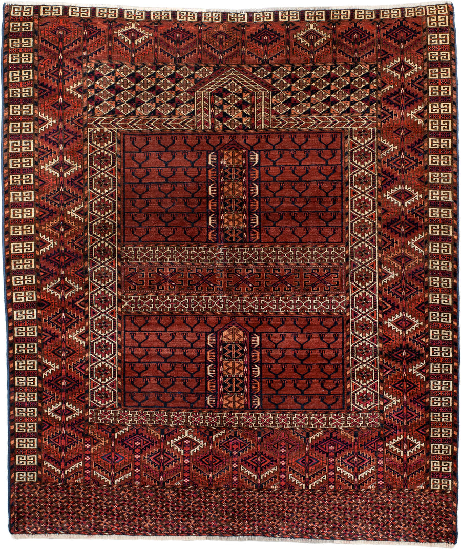 4' x 4' one-of-a-kind handmade antique Torkaman small size rug. Color palette: rust, burgundy, ivory, dark_brown, terracotta