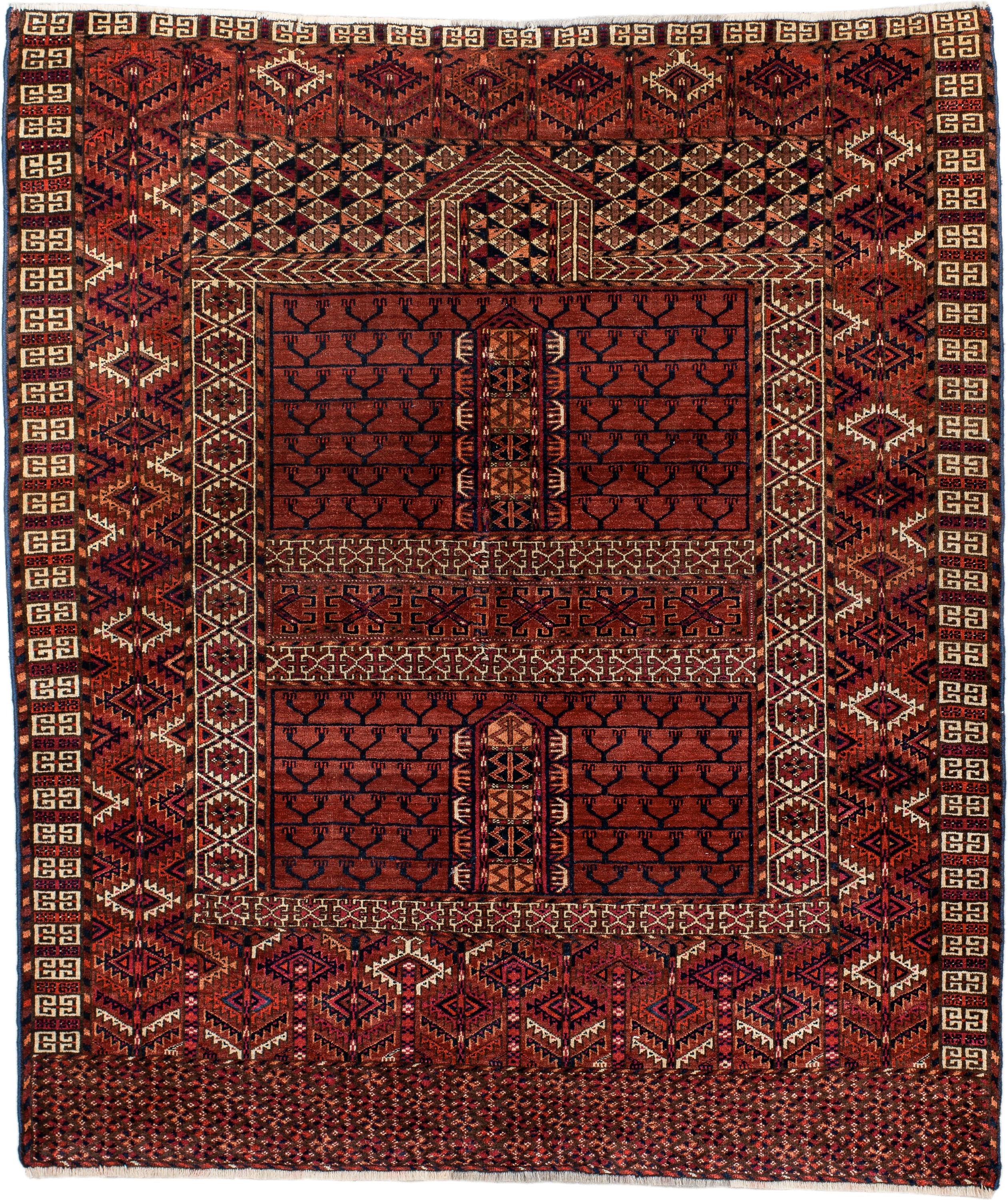4' x 4' one-of-a-kind handmade antique Torkaman small size rug. Color palette: rust, burgundy, ivory, dark_brown, terracotta