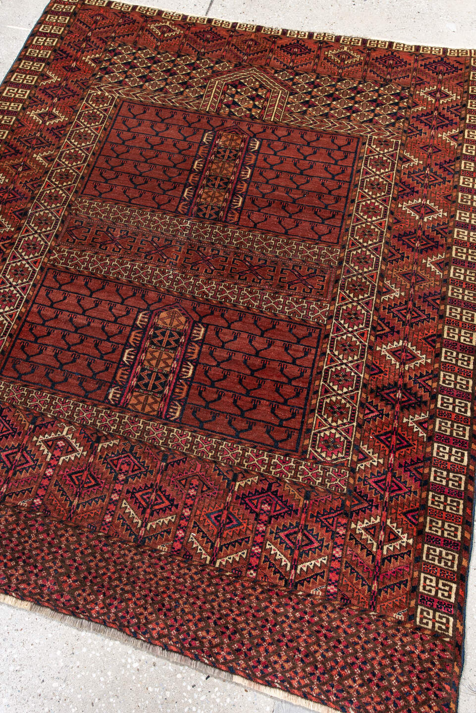 4' x 4' one-of-a-kind handmade antique Torkaman small size rug. Color palette: rust, burgundy, ivory, dark_brown, terracotta