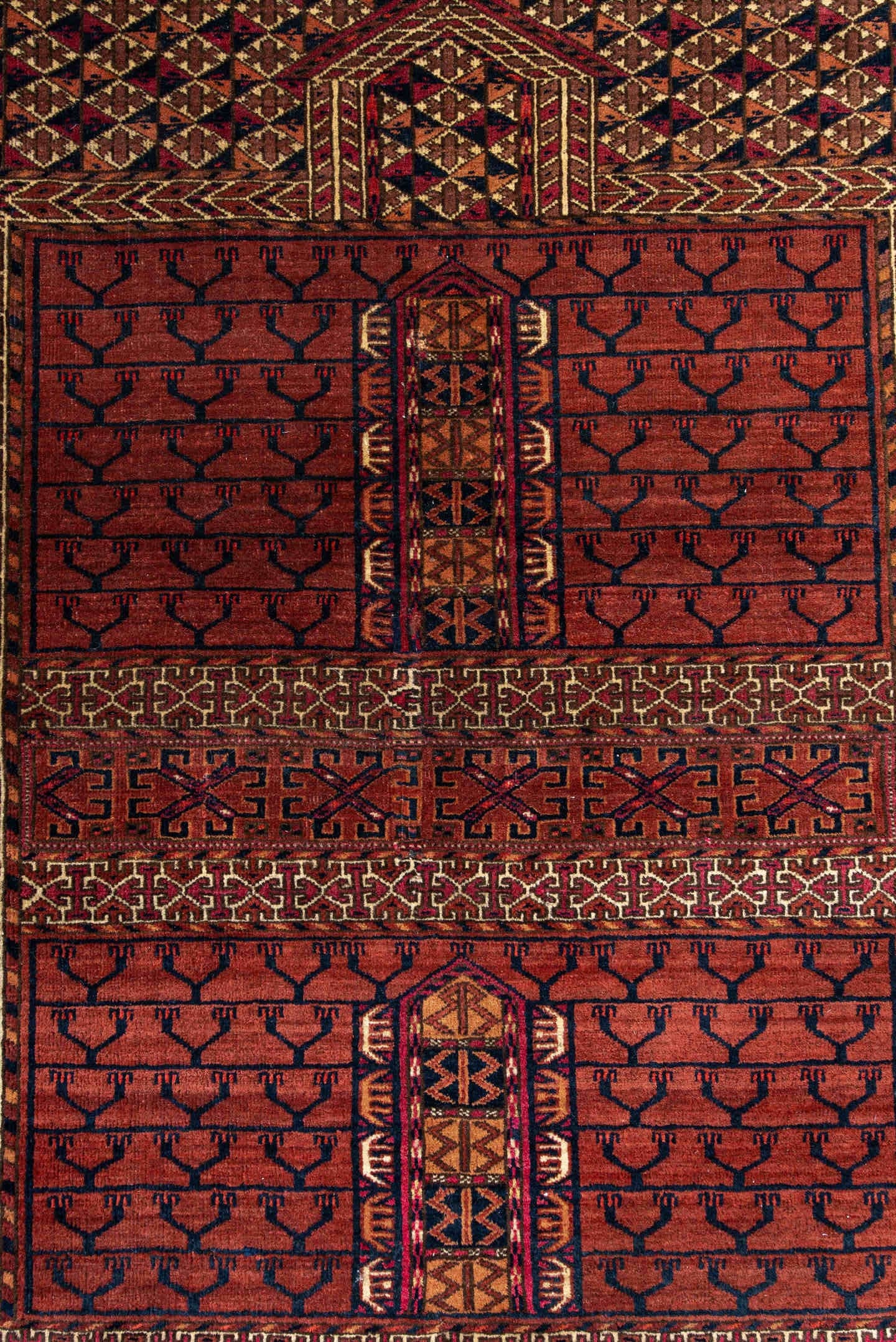 4' x 4' one-of-a-kind handmade antique Torkaman small size rug. Color palette: rust, burgundy, ivory, dark_brown, terracotta
