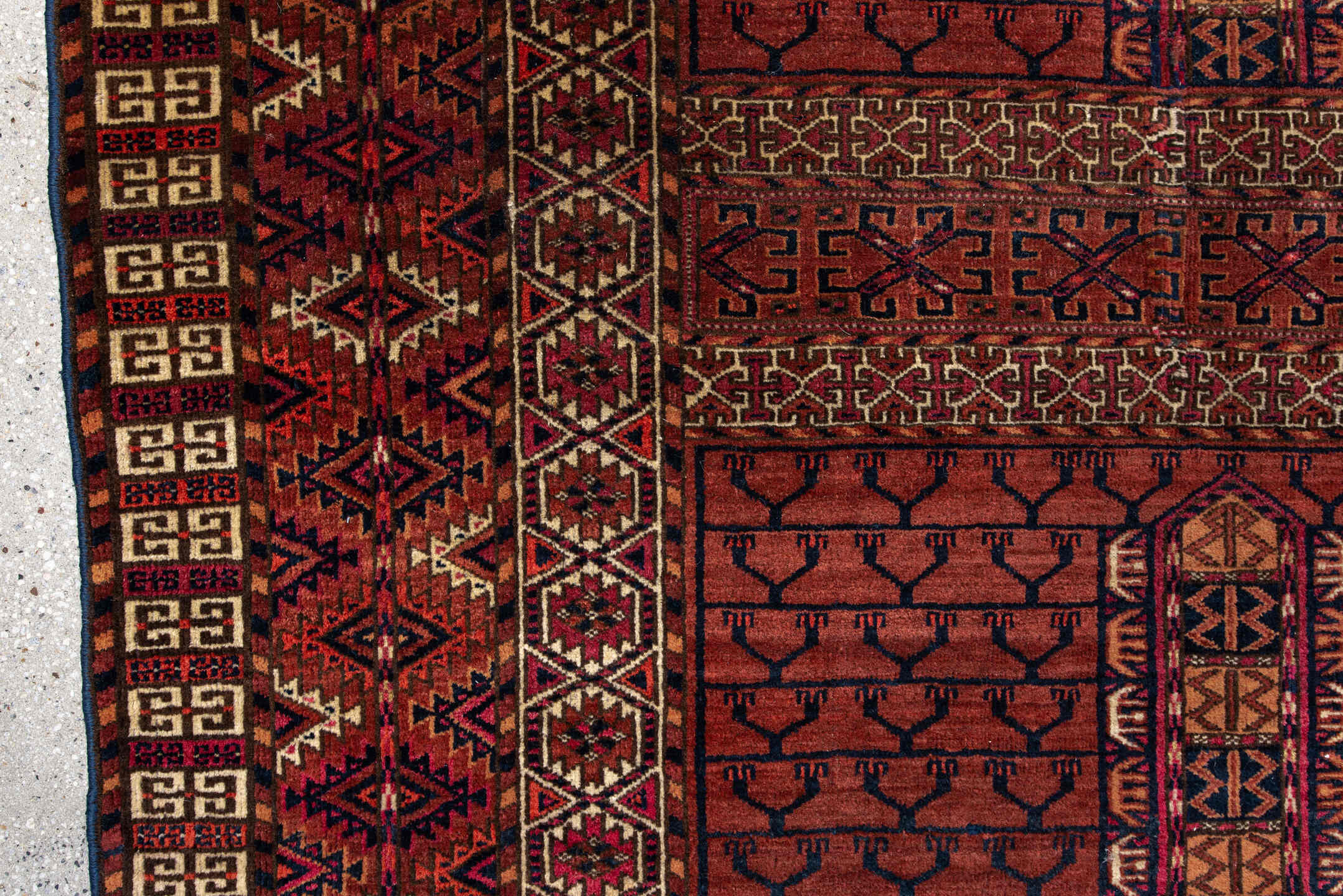 4' x 4' one-of-a-kind handmade antique Torkaman small size rug. Color palette: rust, burgundy, ivory, dark_brown, terracotta