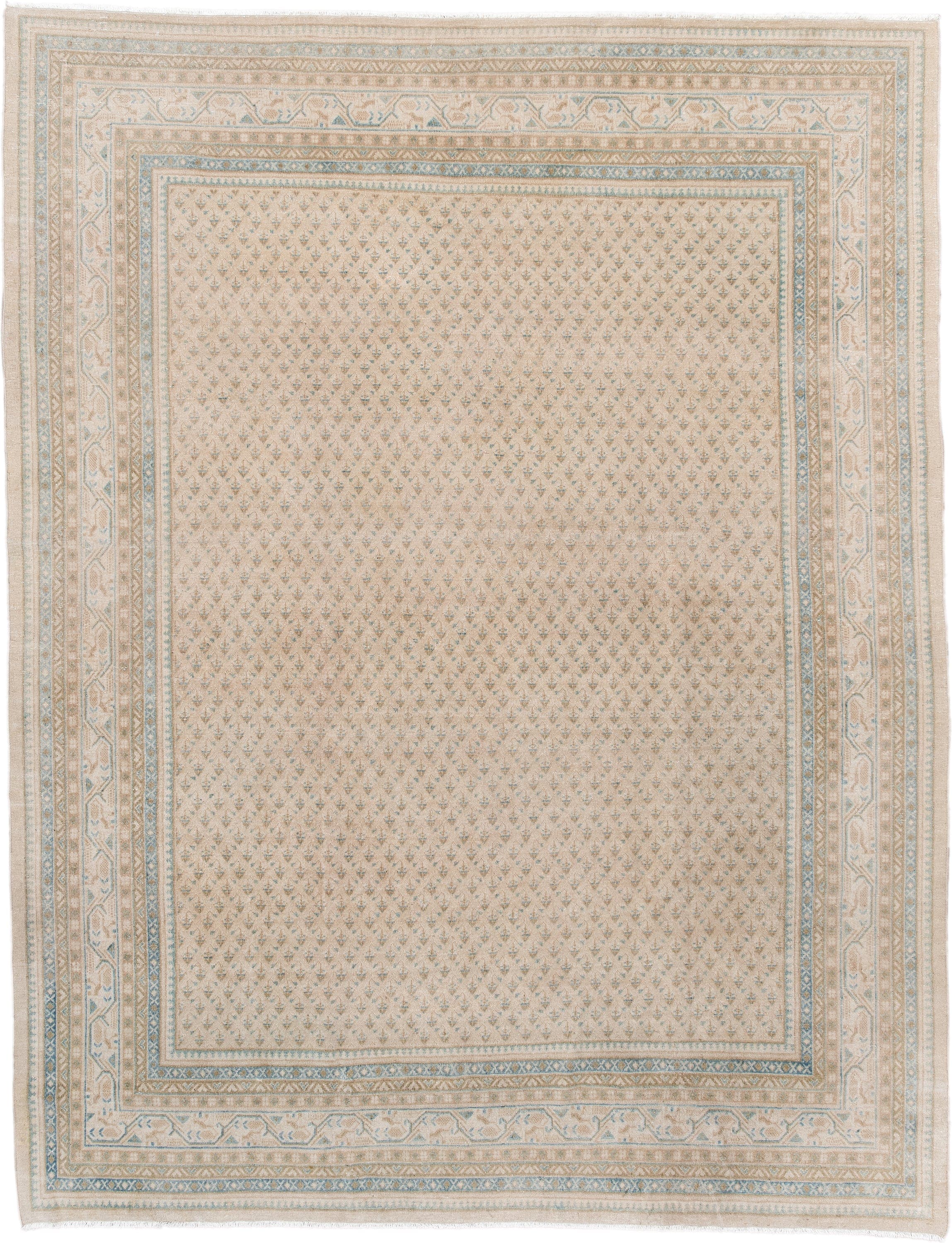 7' x 9' one-of-a-kind handmade antique Mir rug. Color palette: ivory, pale blue, beige, taupe, camel, light blue, gray