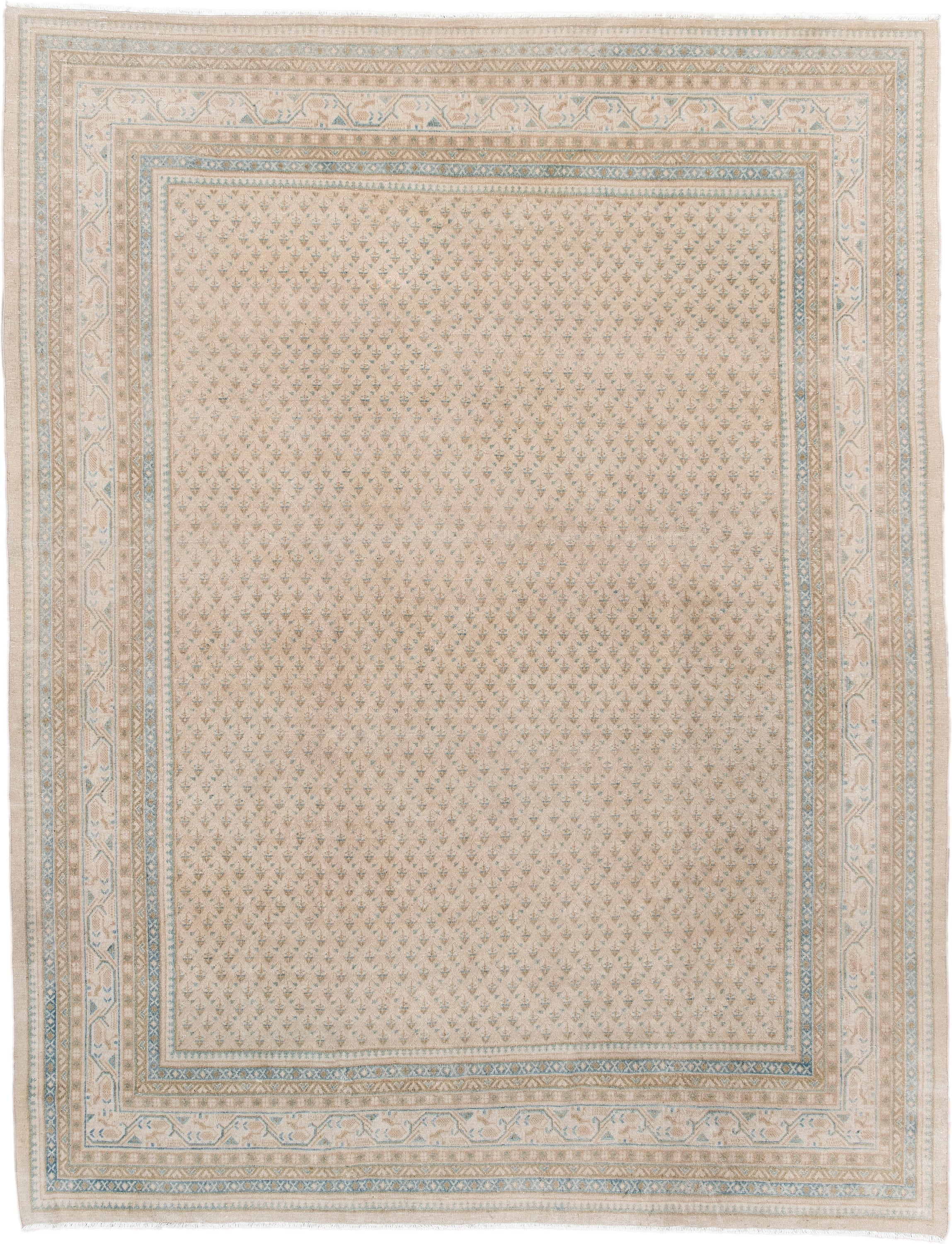 7' x 9' one-of-a-kind handmade antique Mir rug. Color palette: ivory, pale blue, beige, taupe, camel, light blue, gray